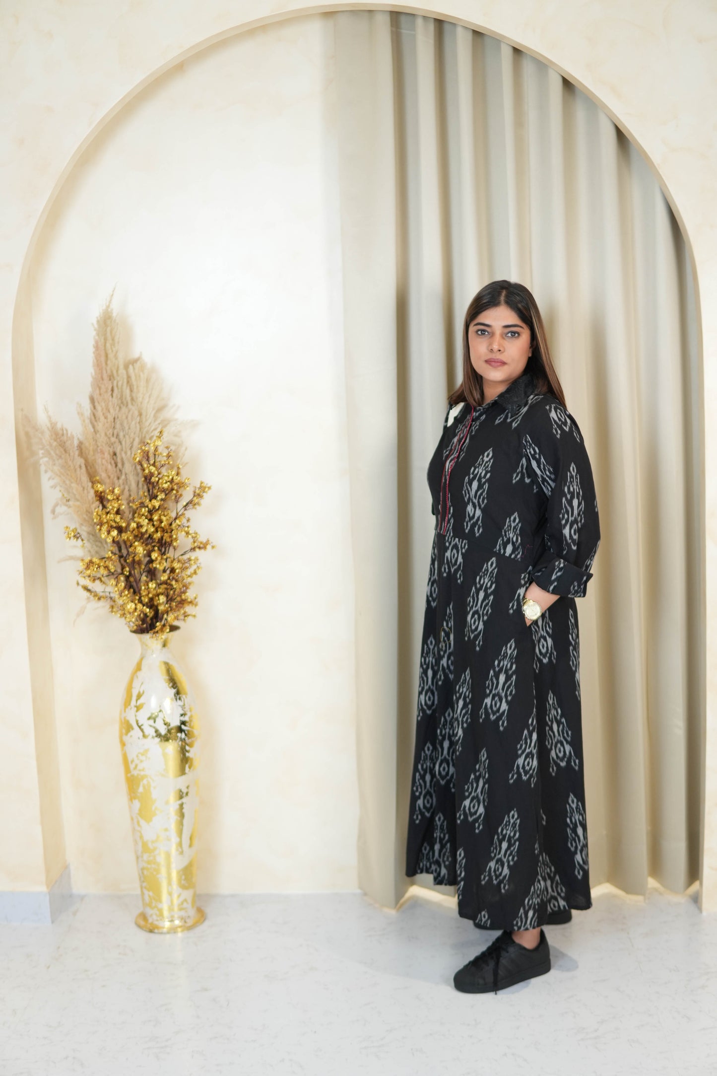 BLACK IKKAT LONG DRESS WITH ORGANZA DETAILING