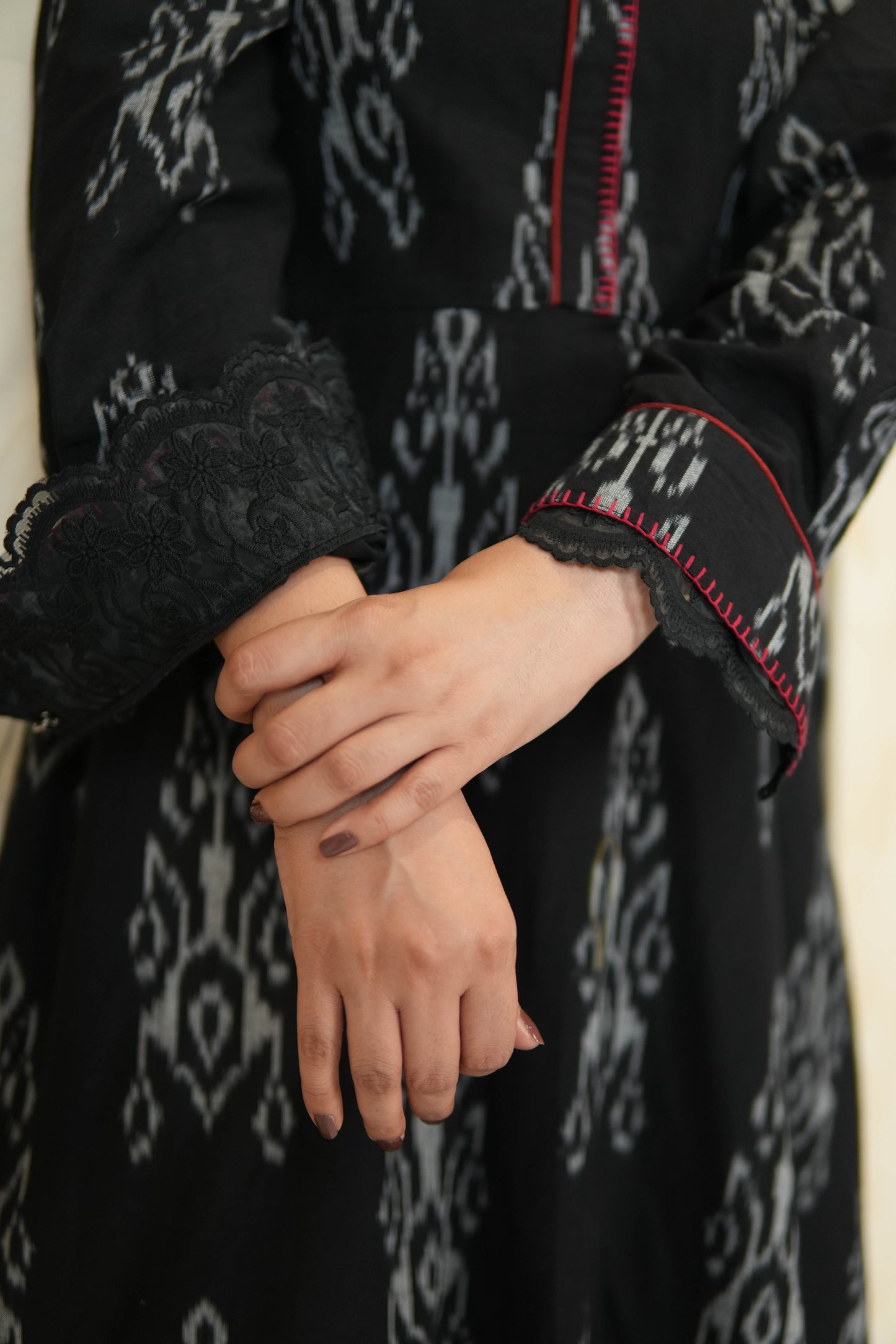 BLACK IKKAT LONG DRESS WITH ORGANZA DETAILING