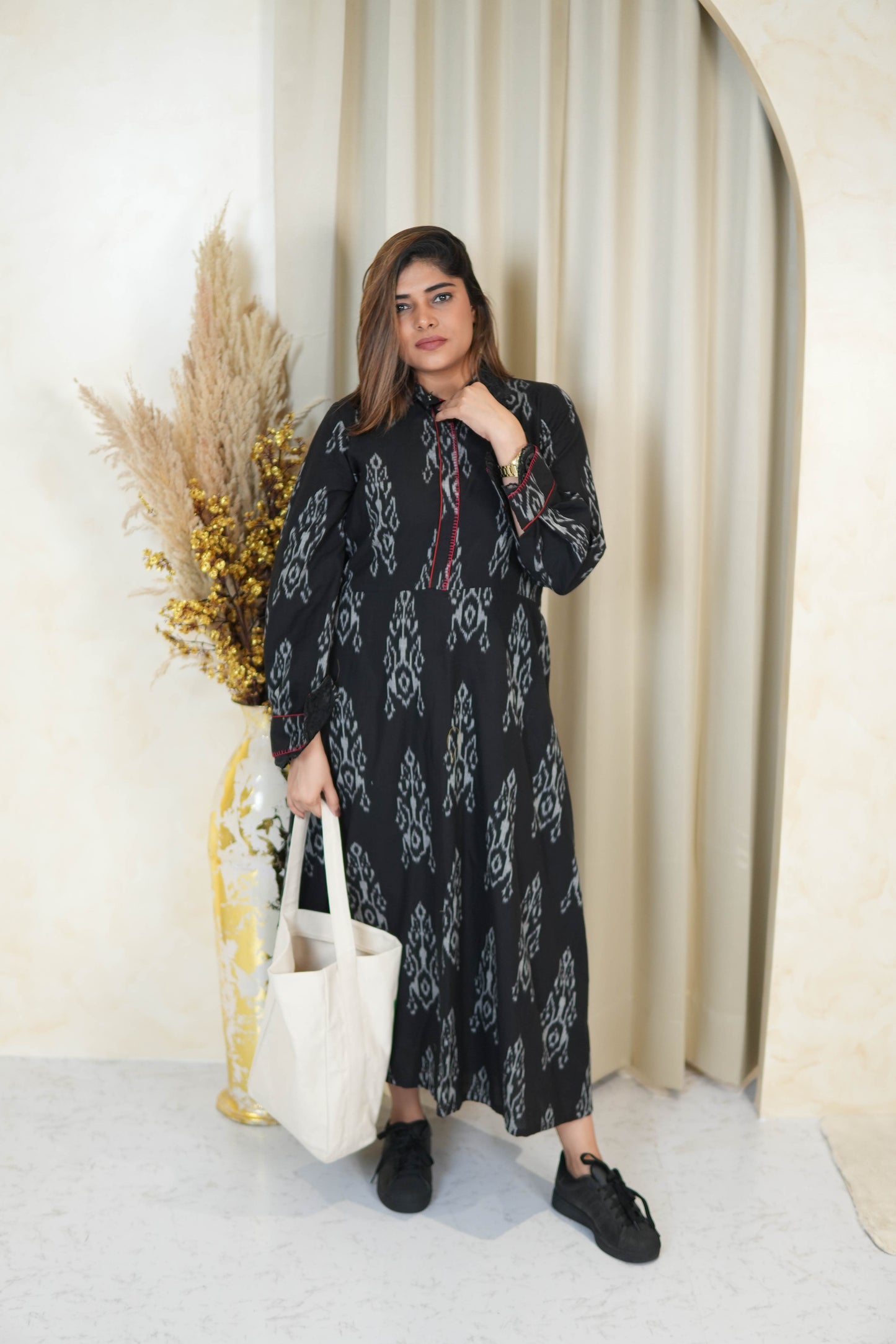 BLACK IKKAT LONG DRESS WITH ORGANZA DETAILING