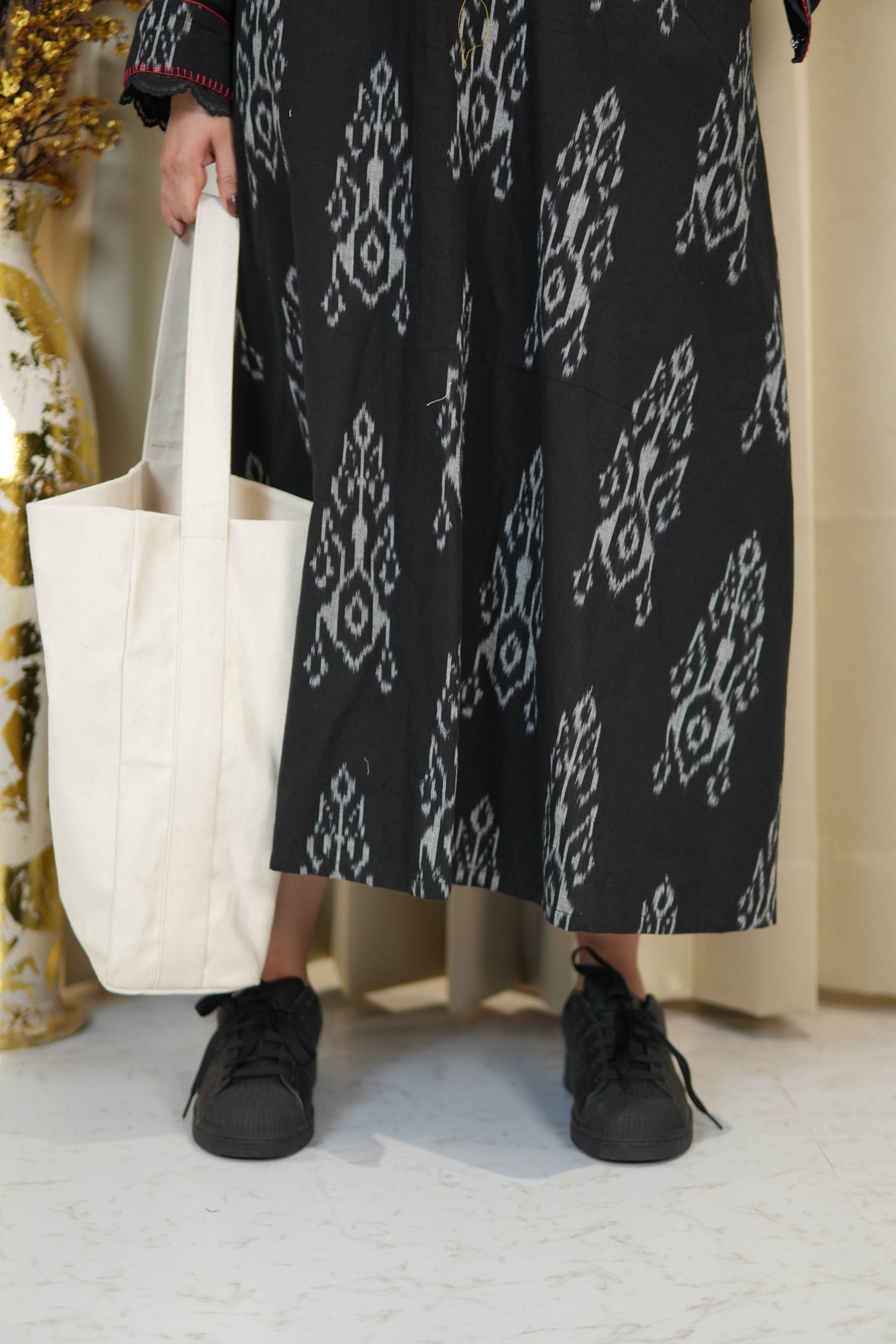 BLACK IKKAT LONG DRESS WITH ORGANZA DETAILING
