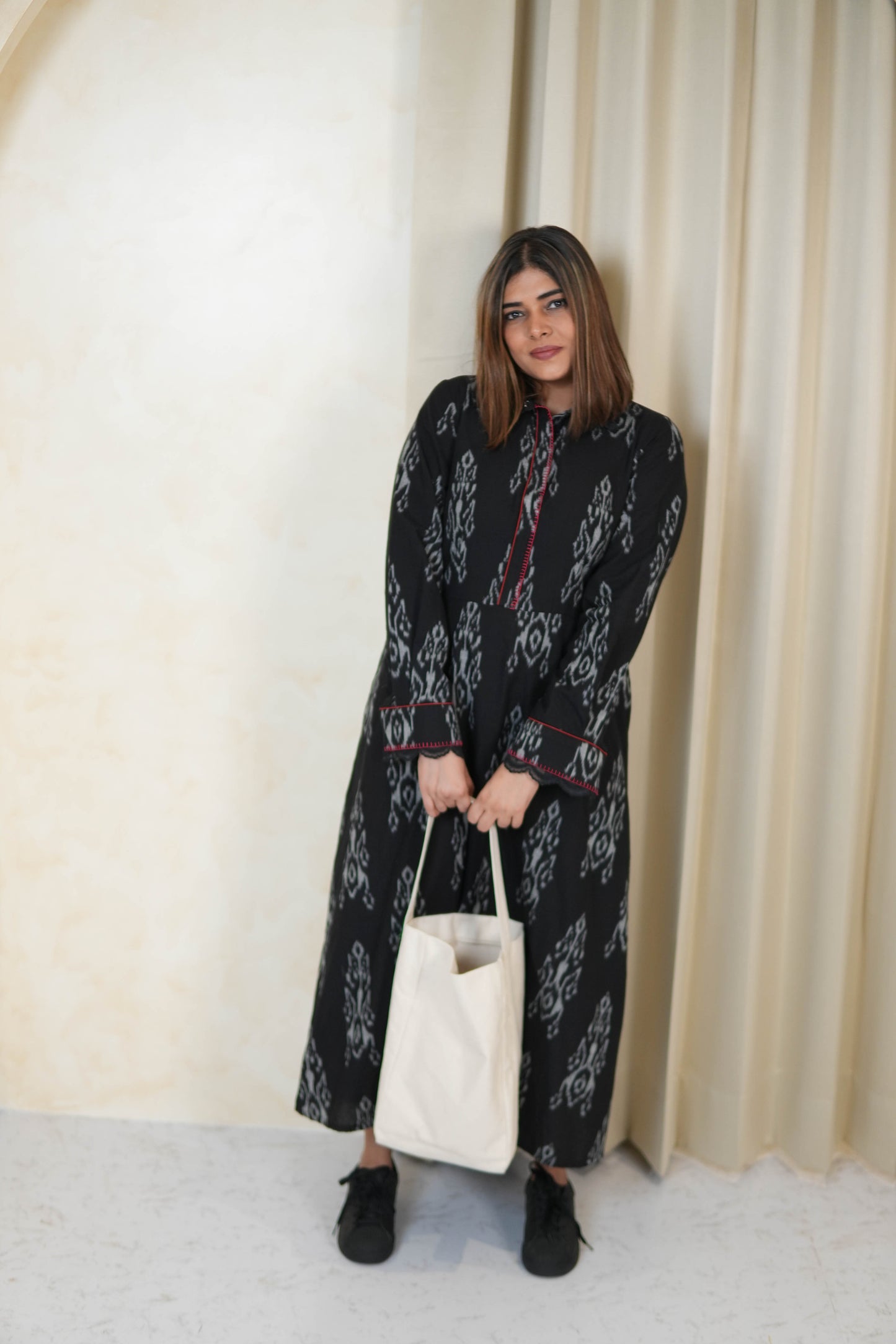 BLACK IKKAT LONG DRESS WITH ORGANZA DETAILING