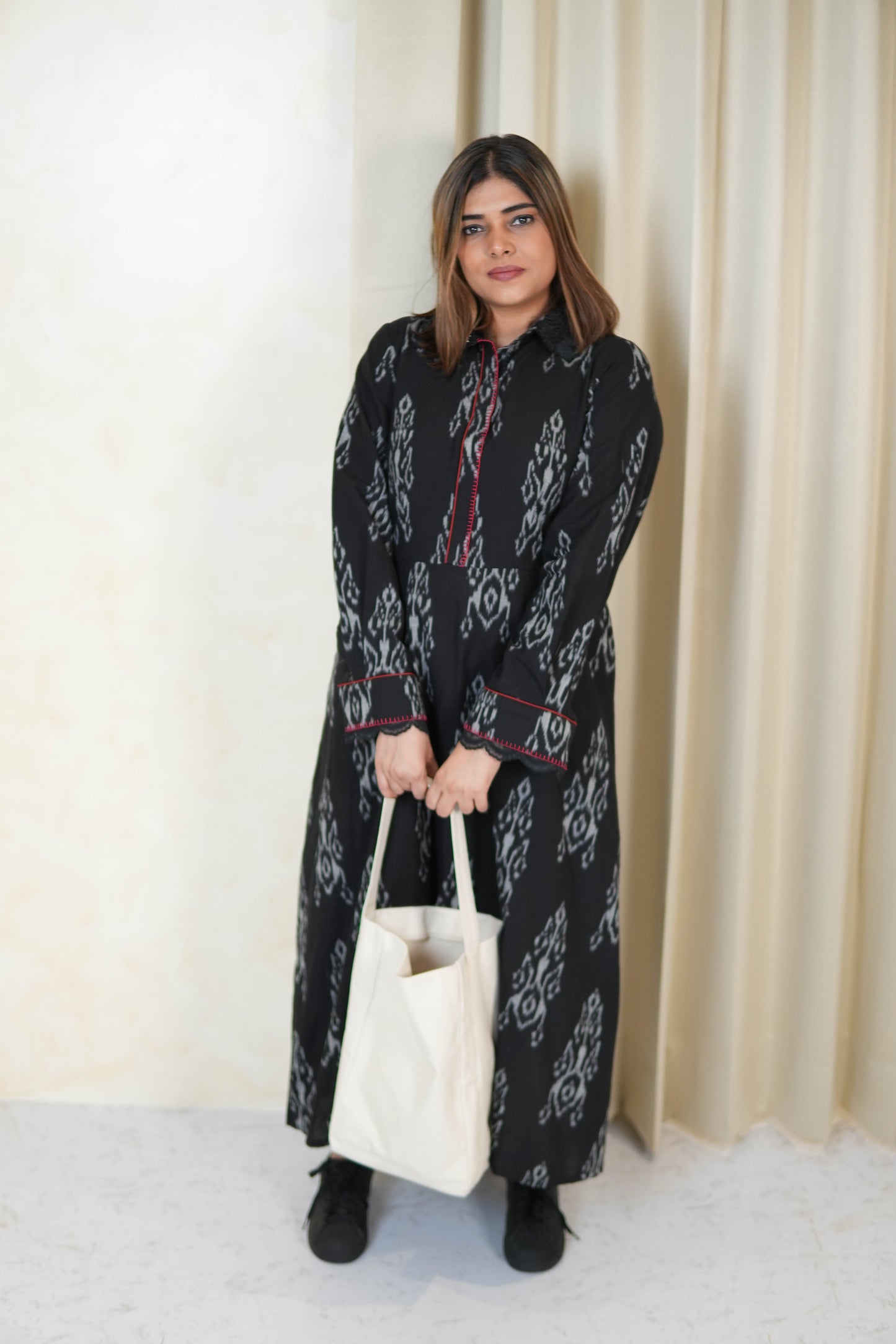 BLACK IKKAT LONG DRESS WITH ORGANZA DETAILING