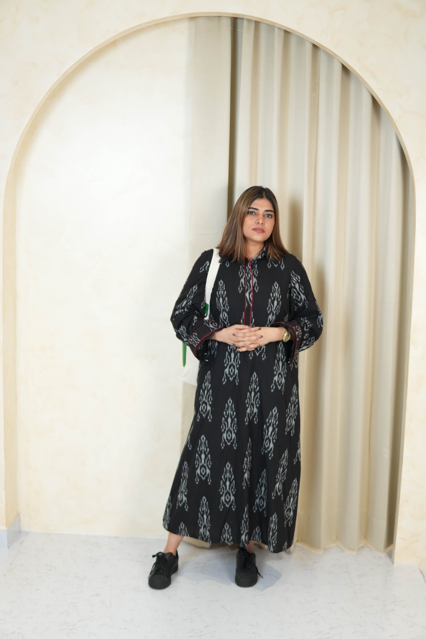 BLACK IKKAT LONG DRESS WITH ORGANZA DETAILING