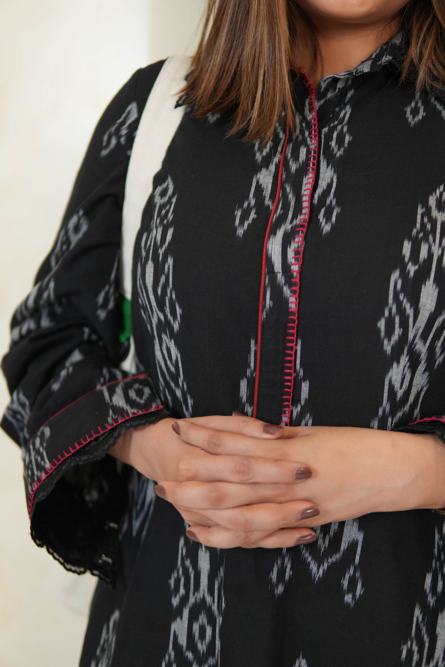 BLACK IKKAT LONG DRESS WITH ORGANZA DETAILING