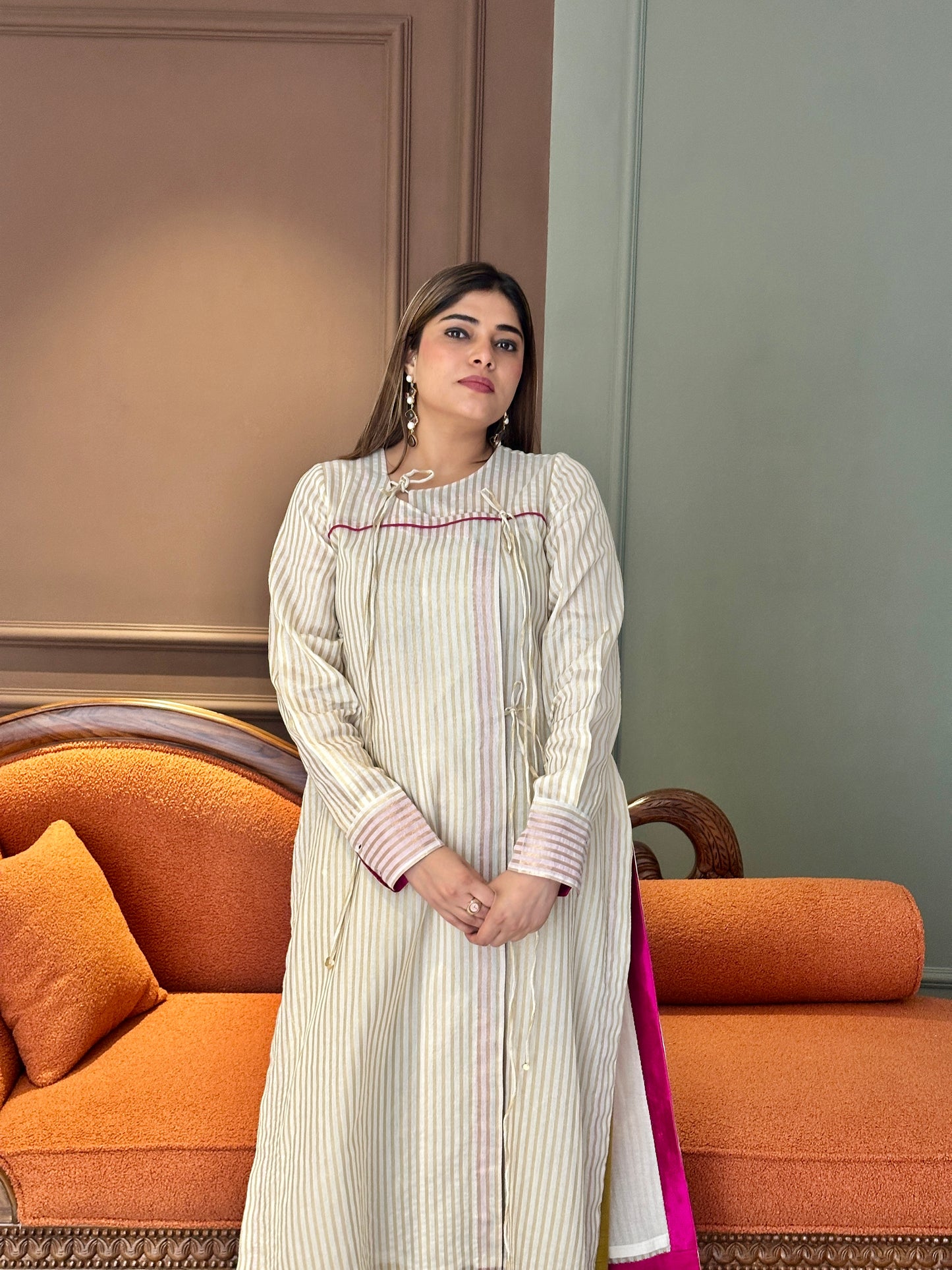 SEHAJ CHANDERI SILK ANGRAKHA TUNIC WITH GOLDEN MASHRU SILK PANTS