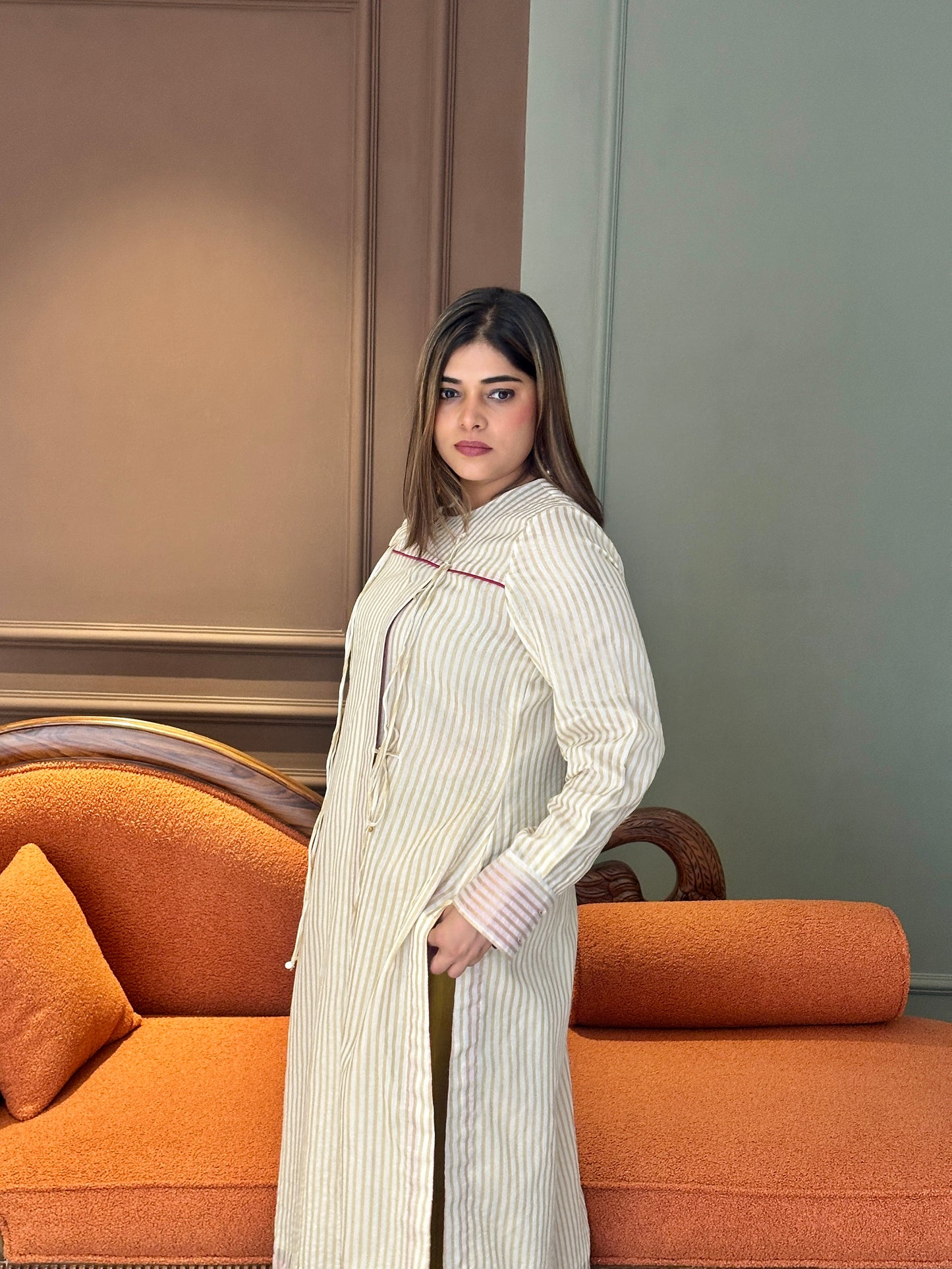 SEHAJ CHANDERI SILK ANGRAKHA TUNIC WITH GOLDEN MASHRU SILK PANTS