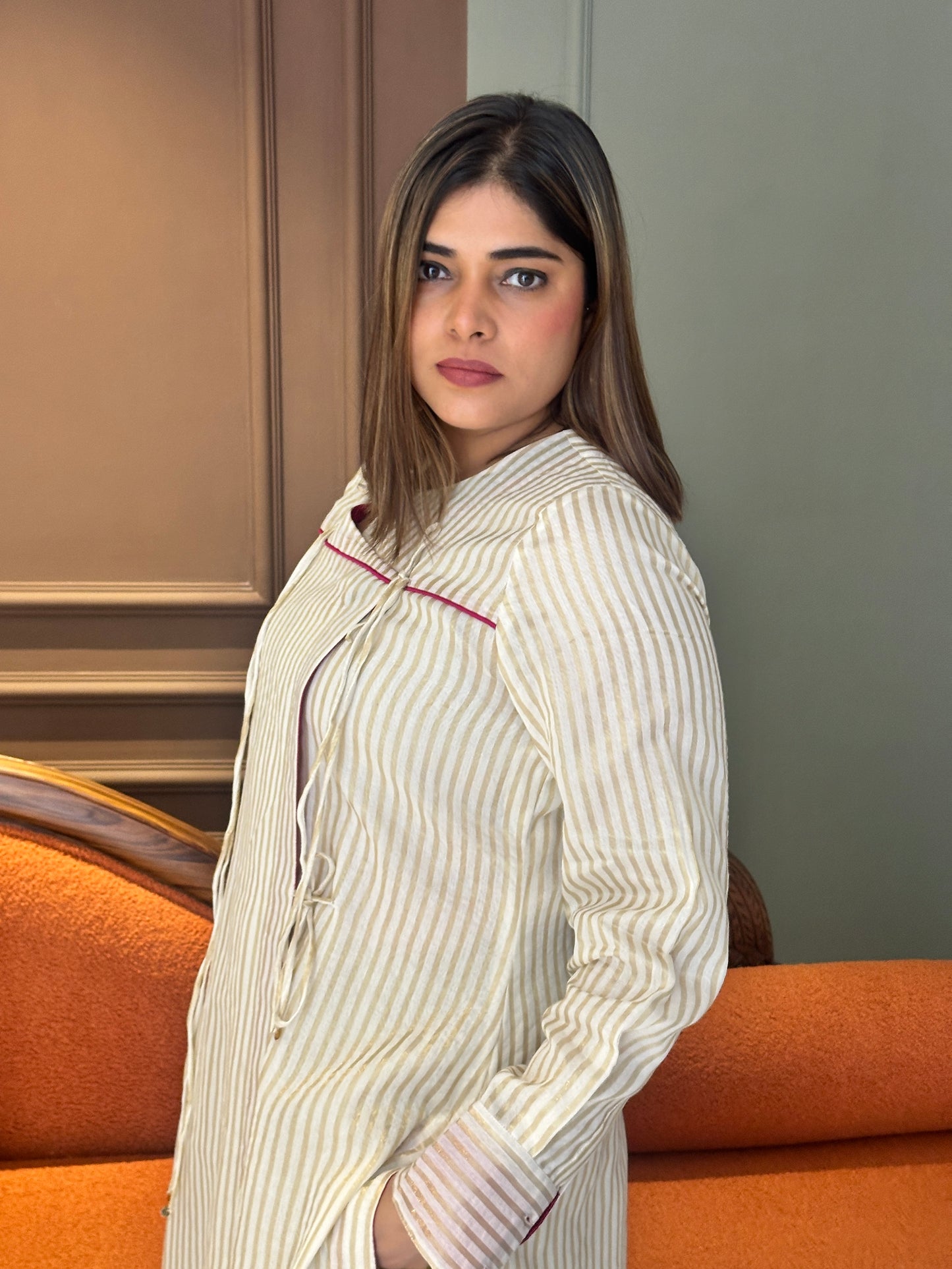 SEHAJ CHANDERI SILK ANGRAKHA TUNIC WITH GOLDEN MASHRU SILK PANTS