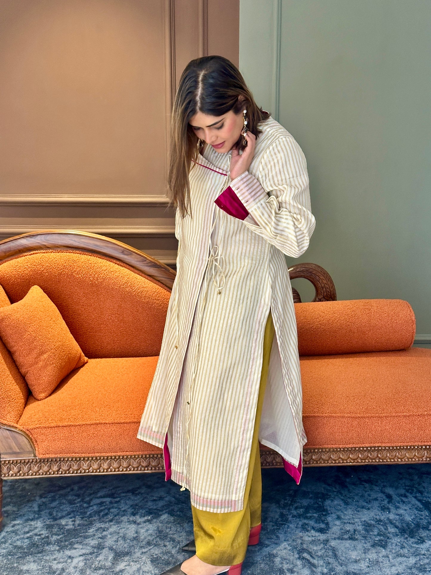 SEHAJ CHANDERI SILK ANGRAKHA TUNIC WITH GOLDEN MASHRU SILK PANTS