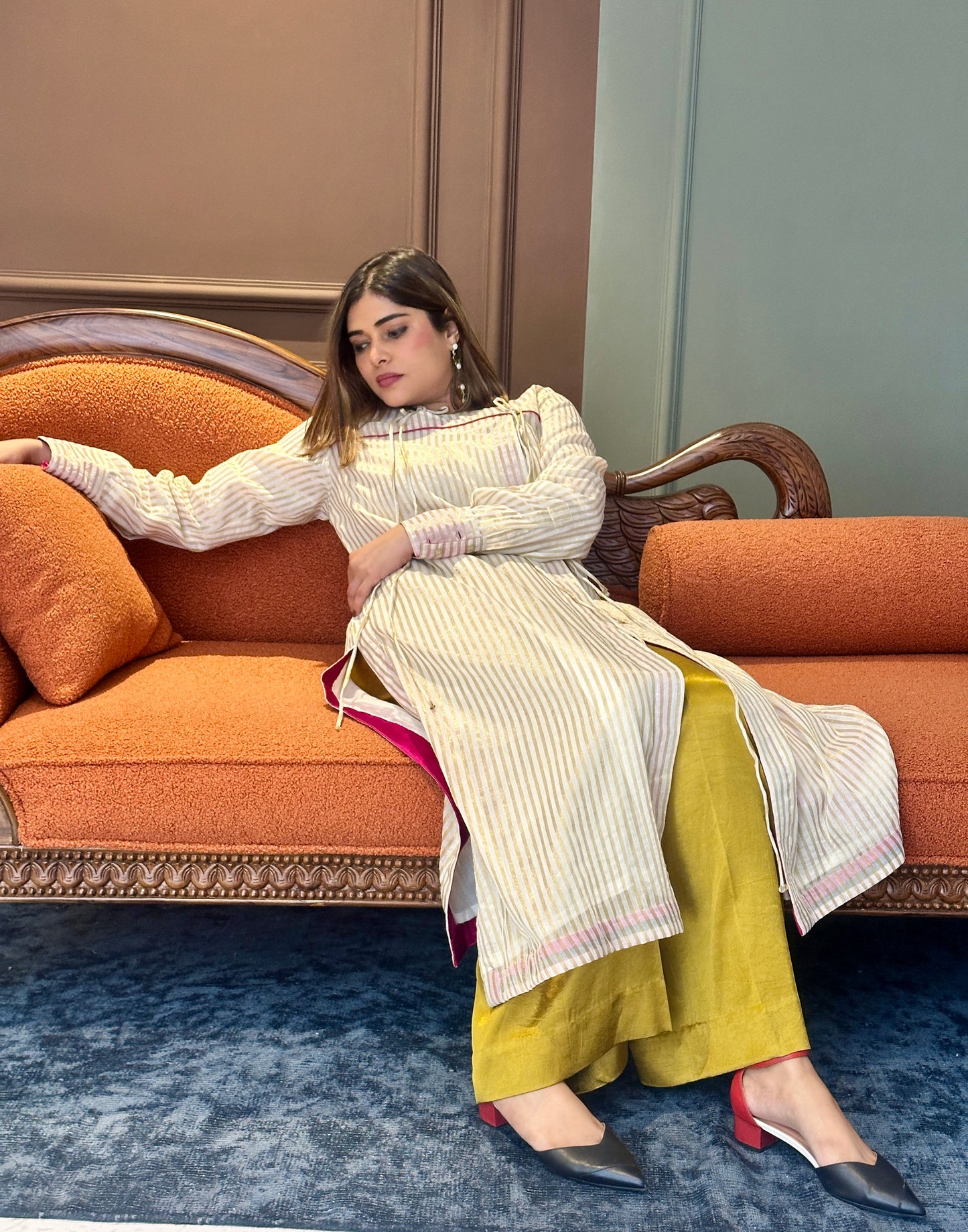 SEHAJ CHANDERI SILK ANGRAKHA TUNIC WITH GOLDEN MASHRU SILK PANTS