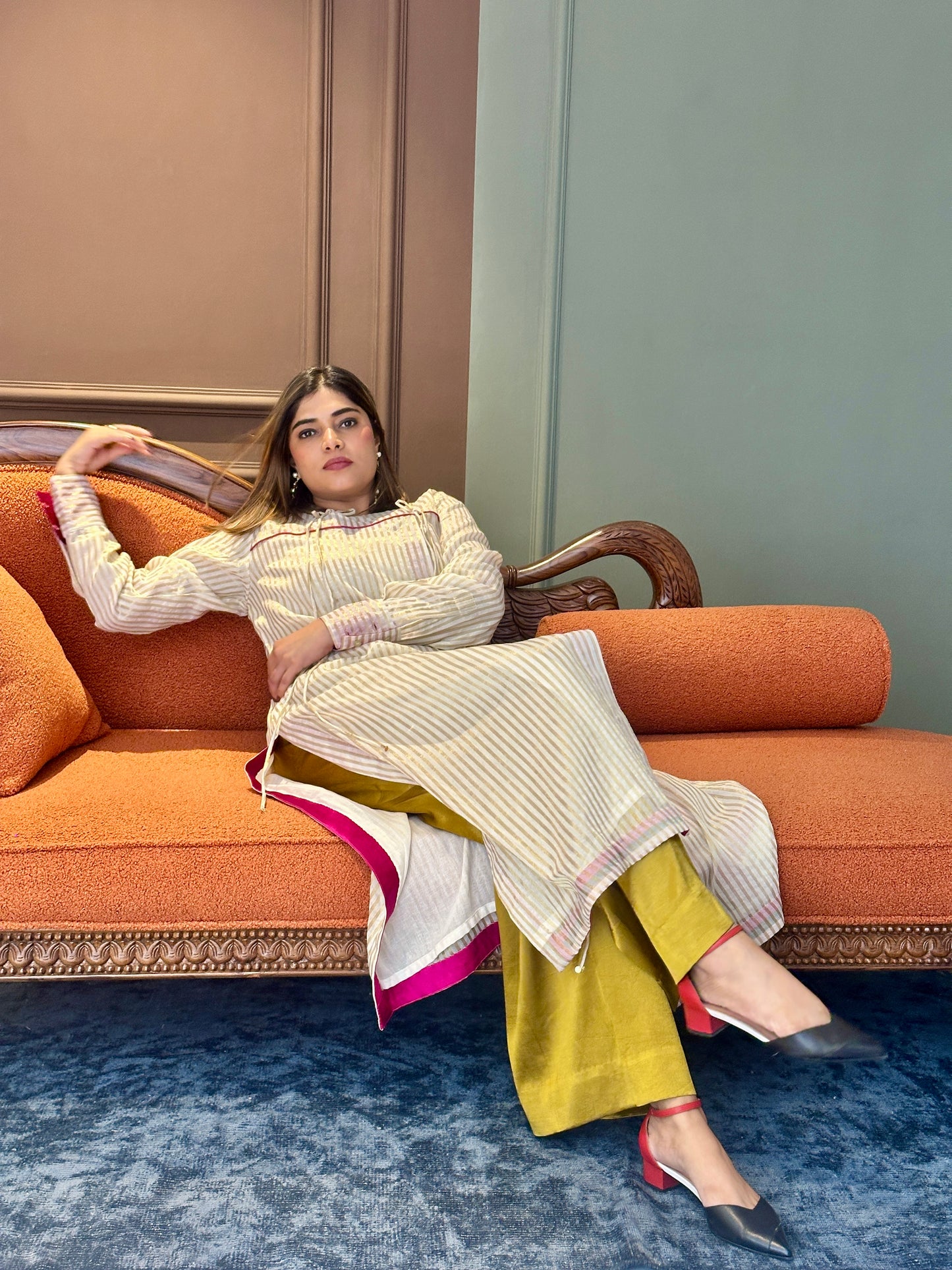 SEHAJ CHANDERI SILK ANGRAKHA TUNIC WITH GOLDEN MASHRU SILK PANTS