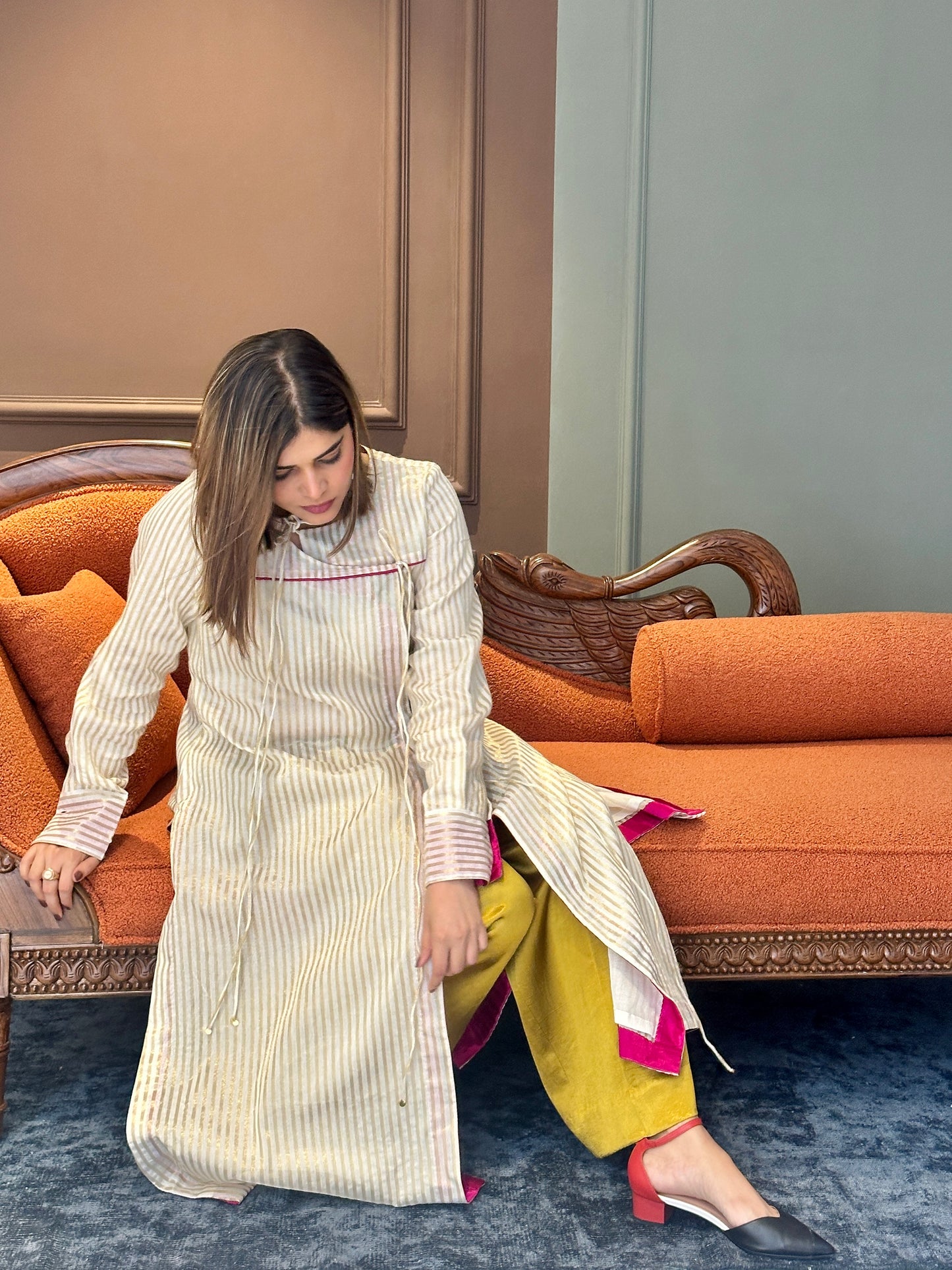 SEHAJ CHANDERI SILK ANGRAKHA TUNIC WITH GOLDEN MASHRU SILK PANTS