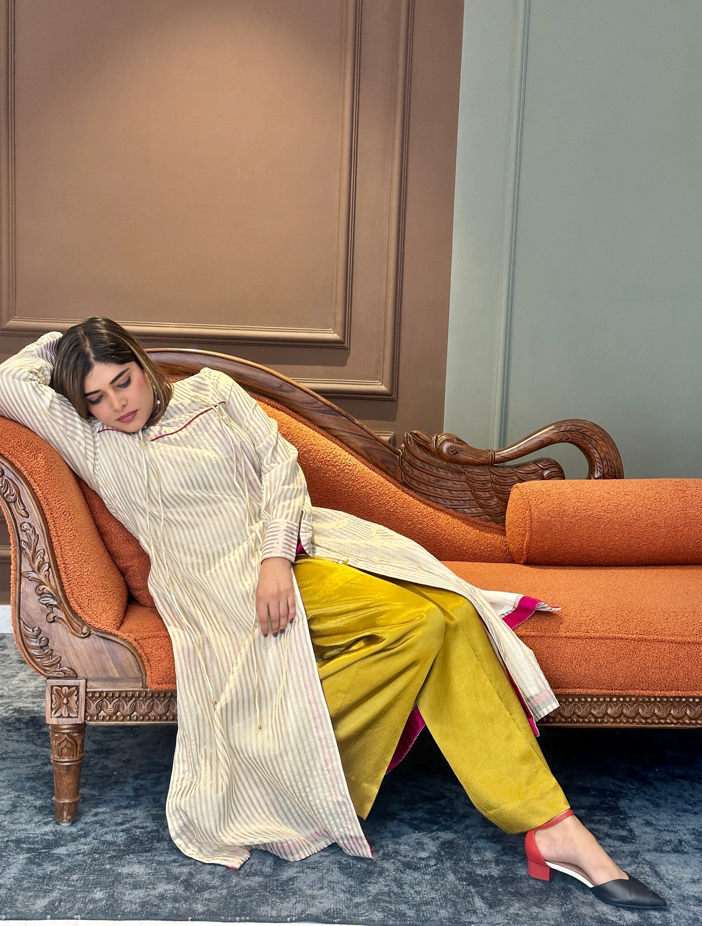 SEHAJ CHANDERI SILK ANGRAKHA TUNIC WITH GOLDEN MASHRU SILK PANTS