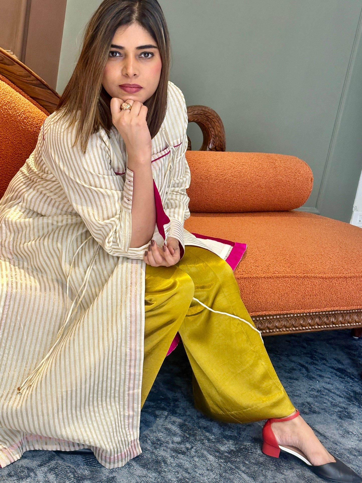 SEHAJ CHANDERI SILK ANGRAKHA TUNIC WITH GOLDEN MASHRU SILK PANTS