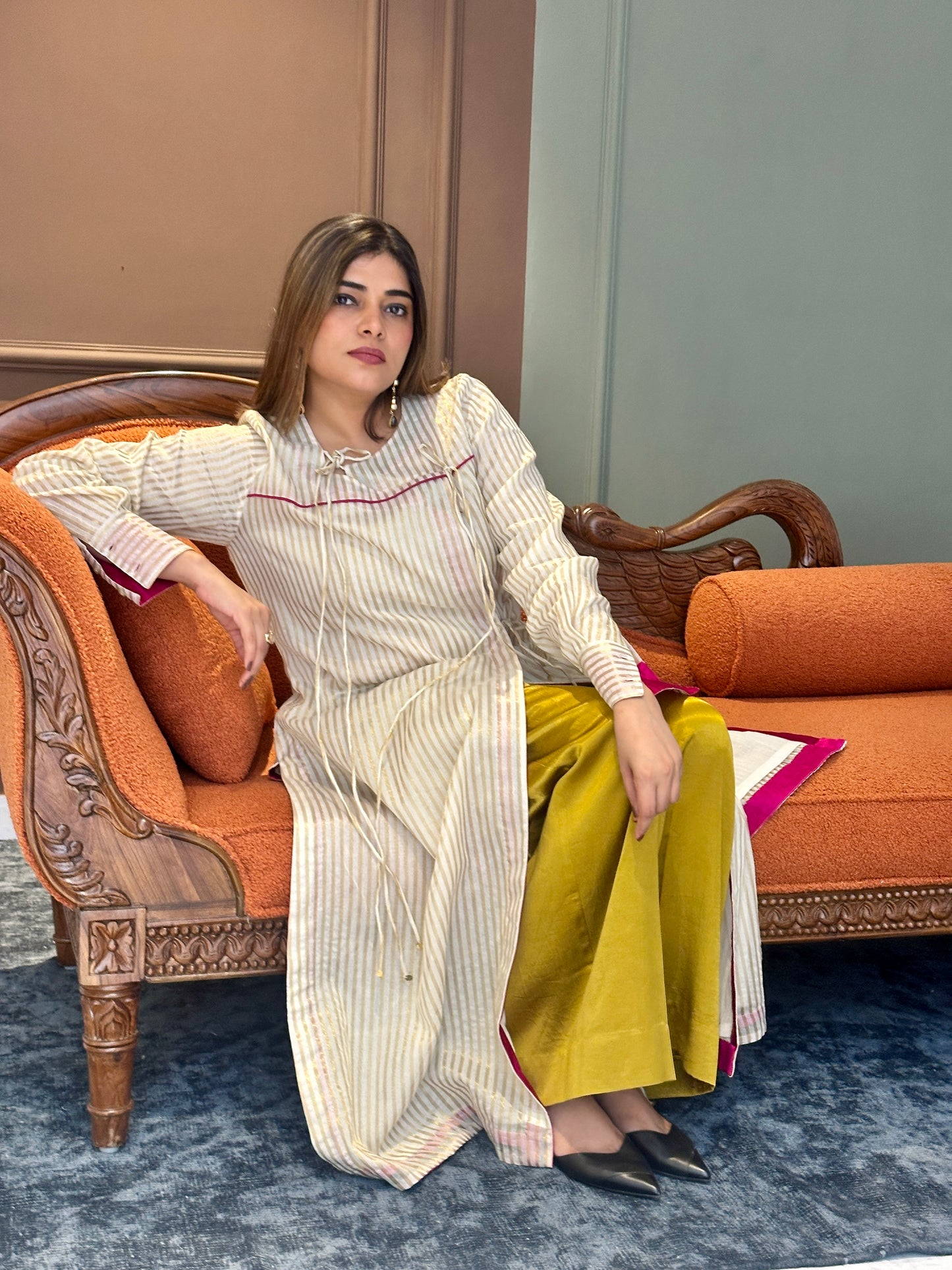 SEHAJ CHANDERI SILK ANGRAKHA TUNIC WITH GOLDEN MASHRU SILK PANTS