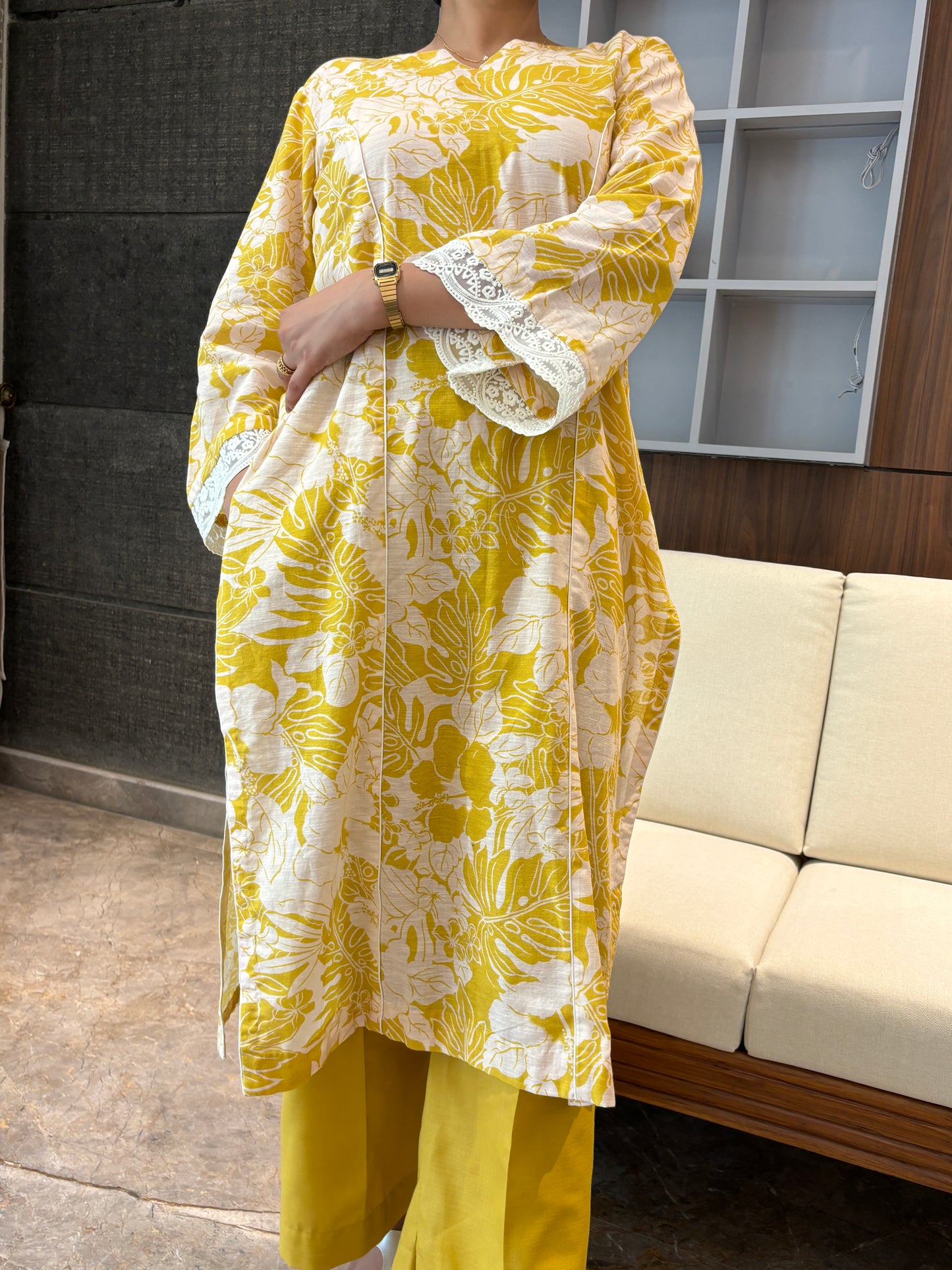 LAMHA LIME LINEN KURTA AND PANTS SET