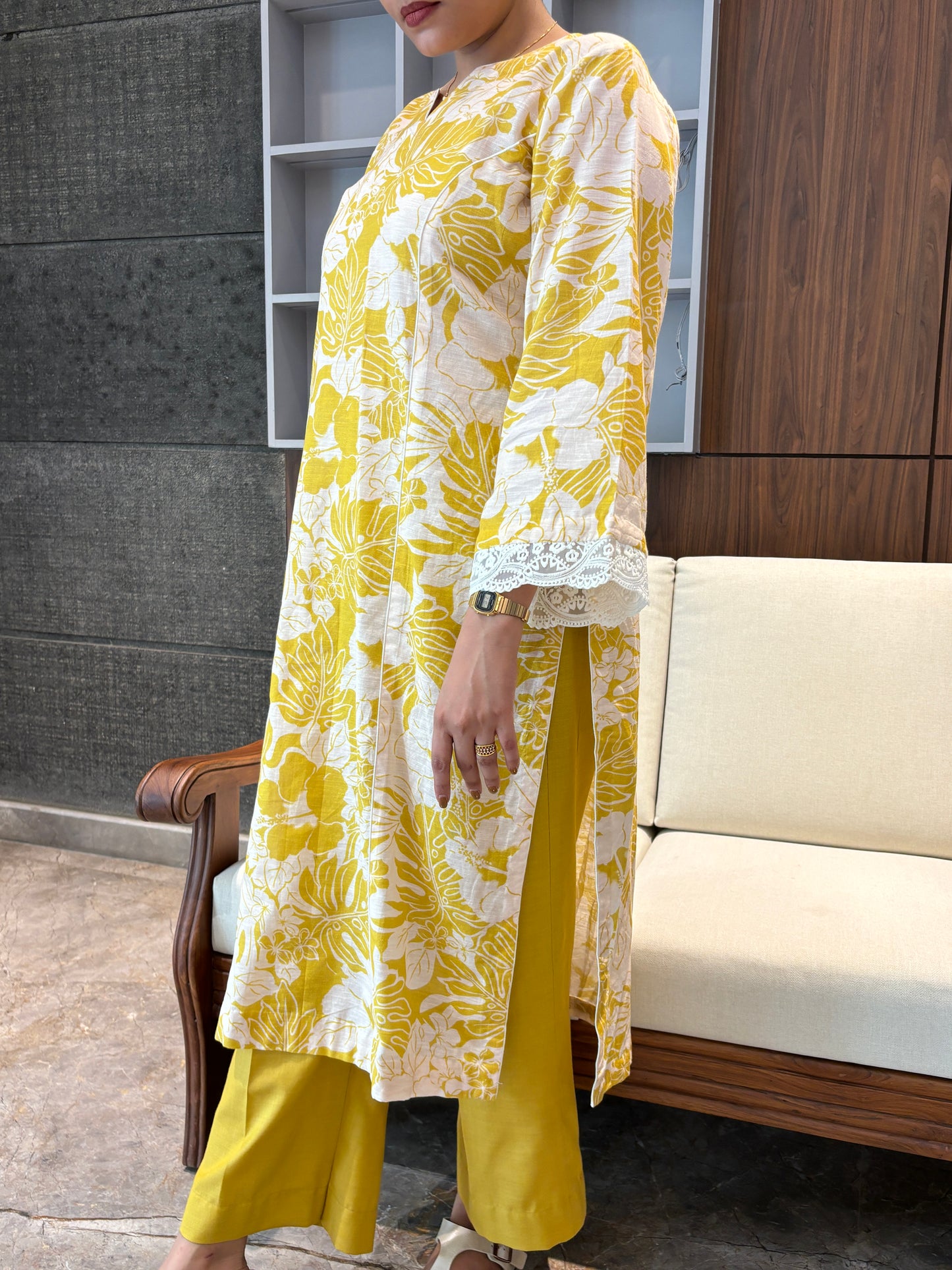 LAMHA LIME LINEN KURTA AND PANTS SET