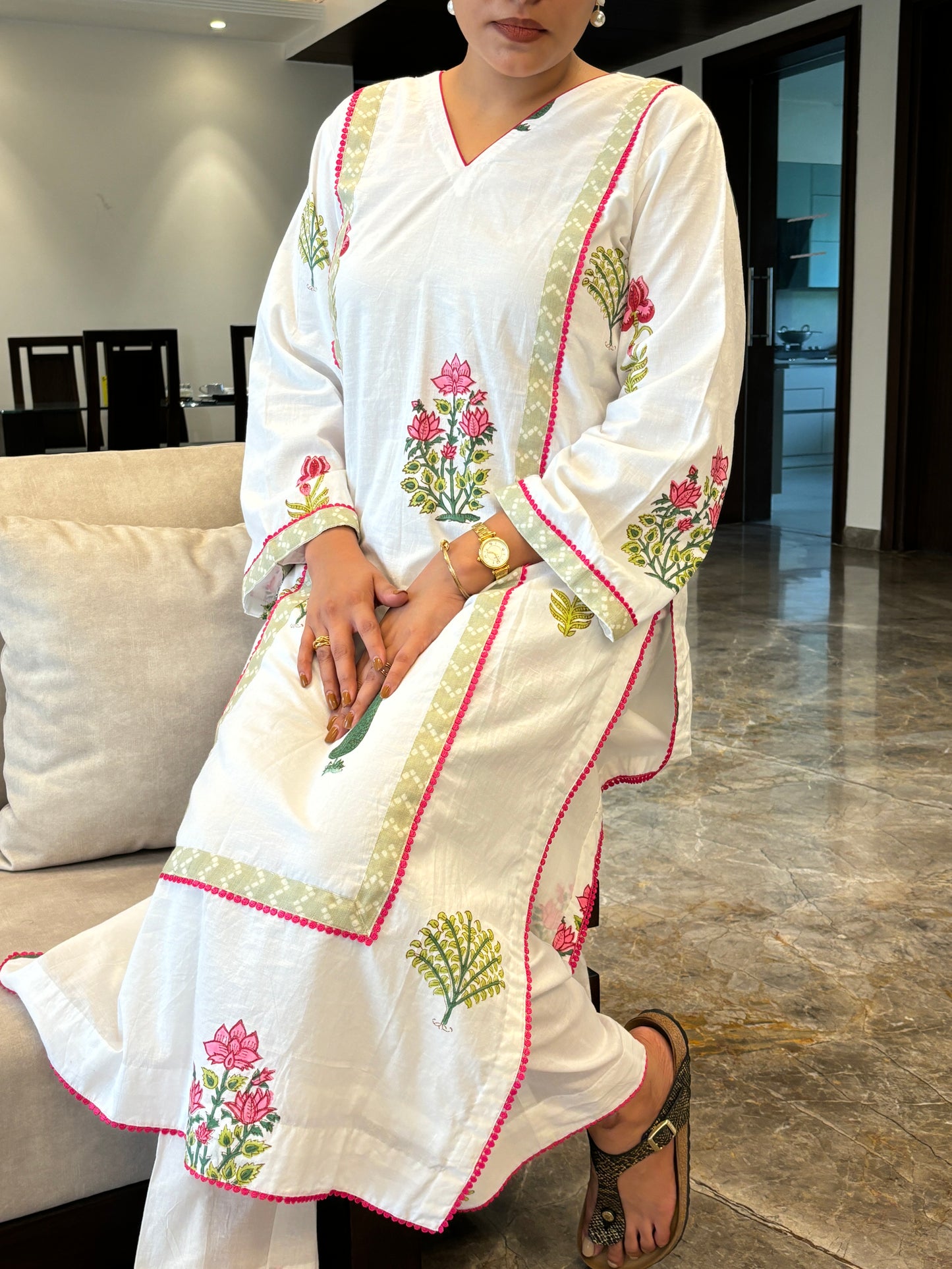 JAIPURI HANDBLOCKED OFF-WHITE COTTON KURTA AND PANT SET