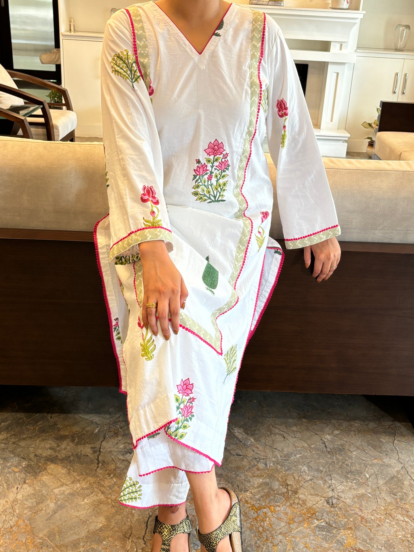 JAIPURI HANDBLOCKED OFF-WHITE COTTON KURTA AND PANT SET
