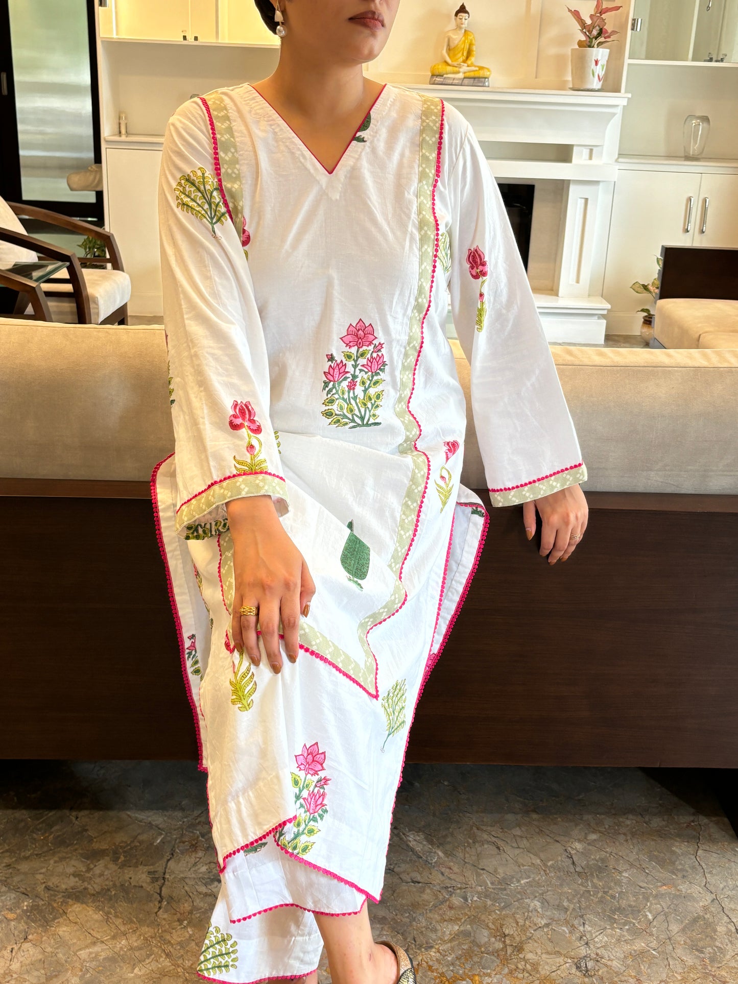 JAIPURI HANDBLOCKED OFF-WHITE COTTON KURTA AND PANT SET