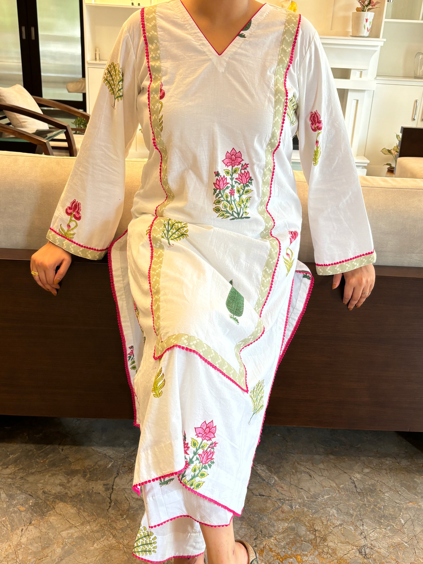 JAIPURI HANDBLOCKED OFF-WHITE COTTON KURTA AND PANT SET