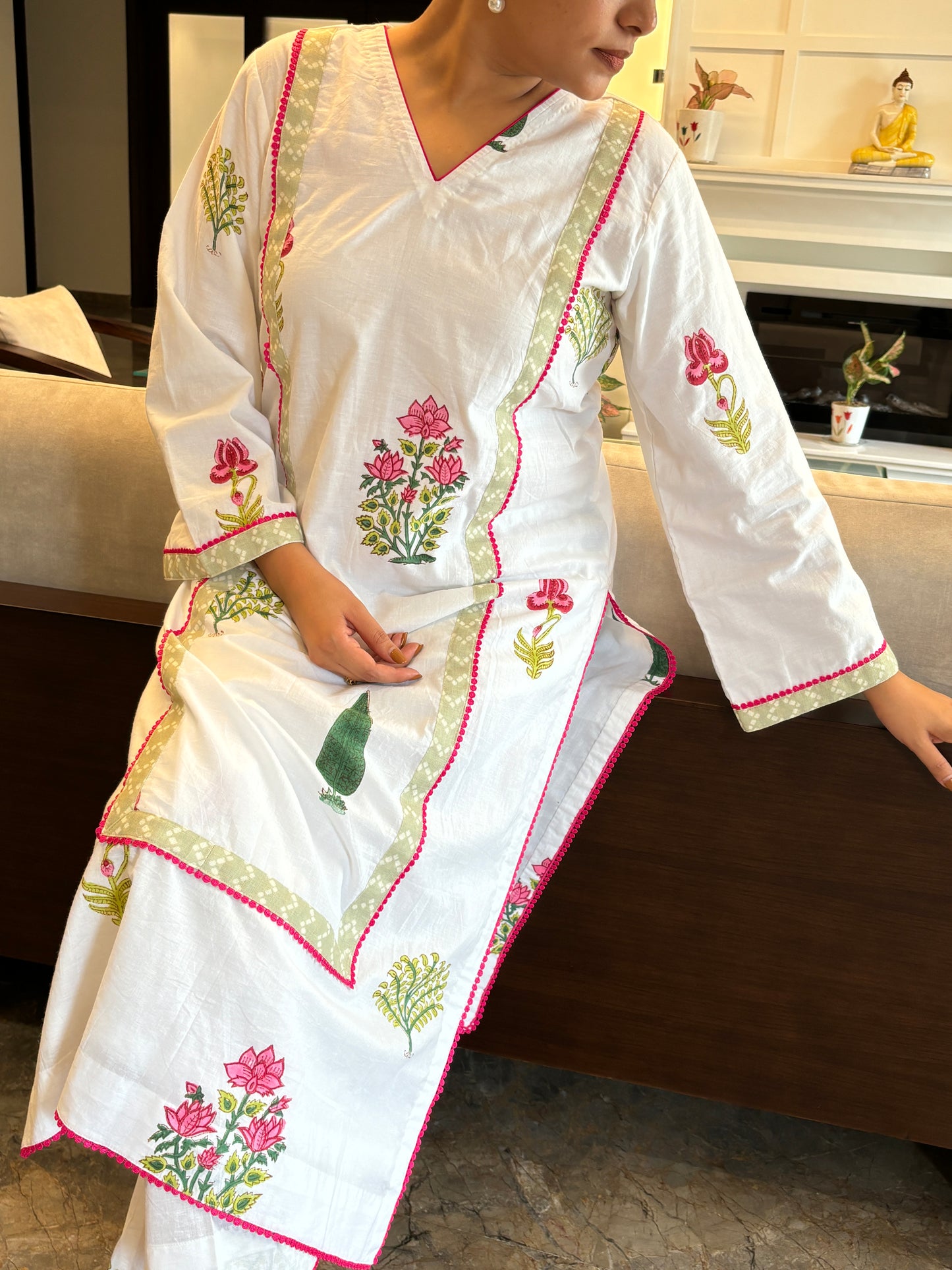 JAIPURI HANDBLOCKED OFF-WHITE COTTON KURTA AND PANT SET