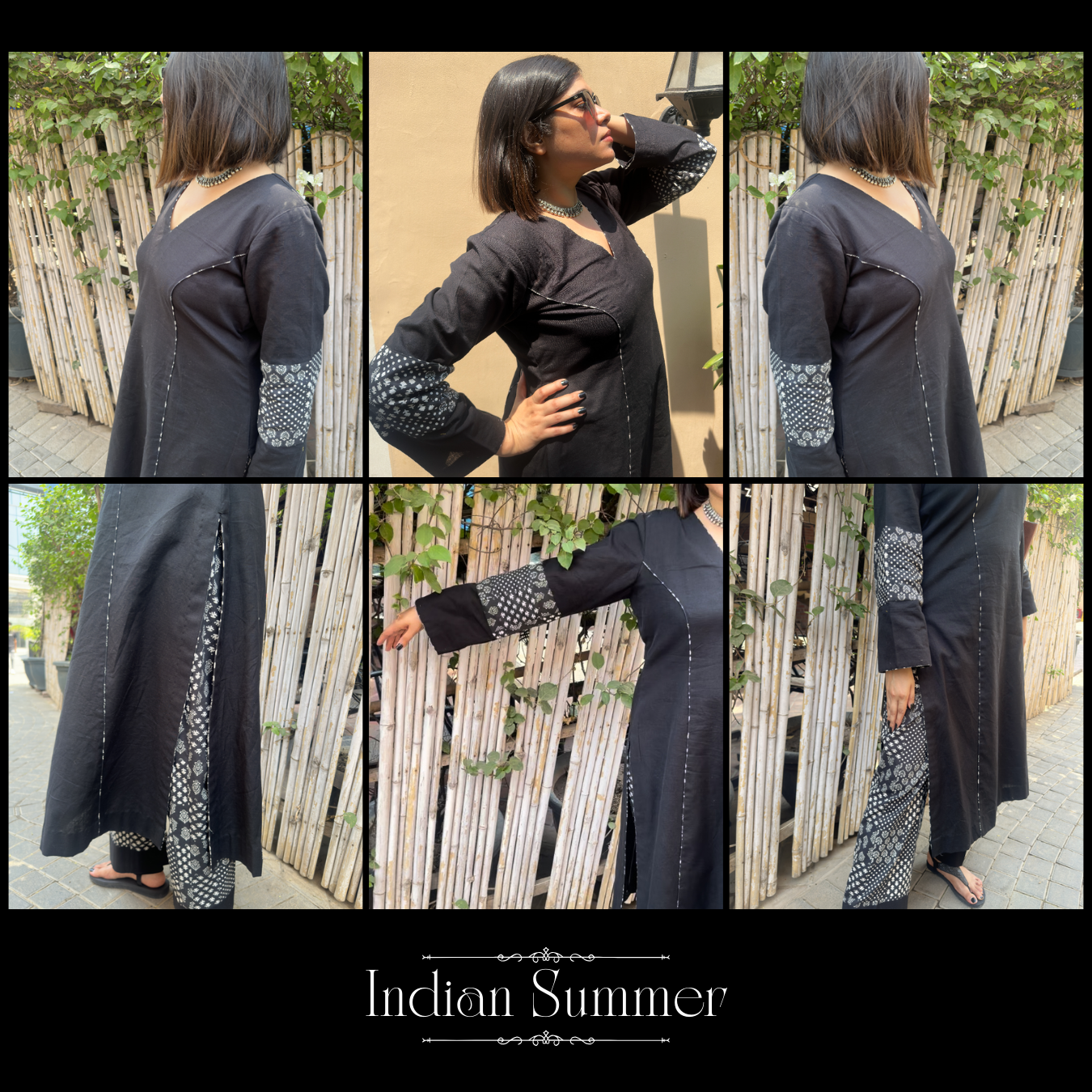 BLACK A-LINE LINEN KURTA AND PRINTED COTTON PANTS SET