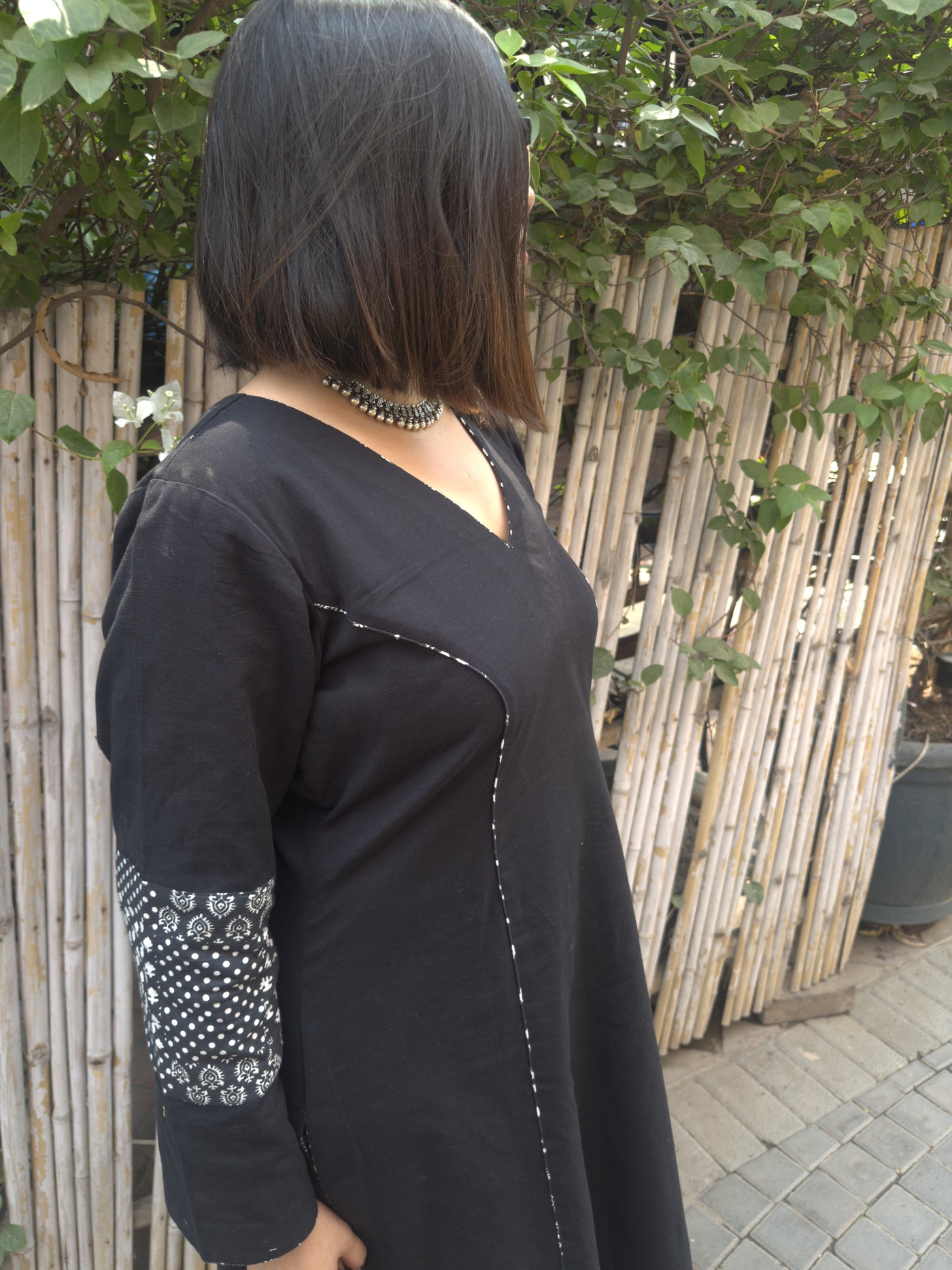 BLACK A-LINE LINEN KURTA AND PRINTED COTTON PANTS SET