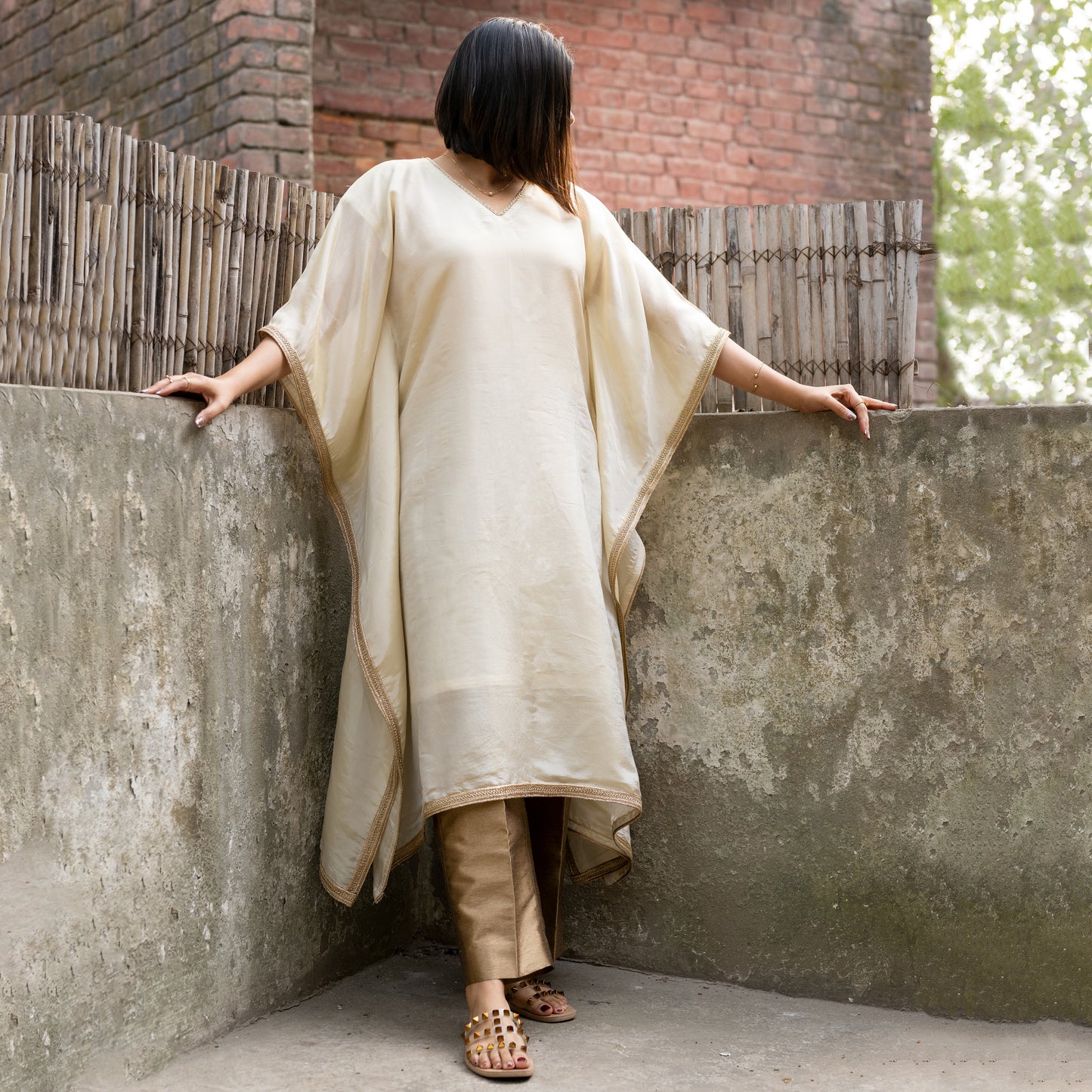 IVORY VISCOSE SILK KAFTAN AND GOLD PANTS