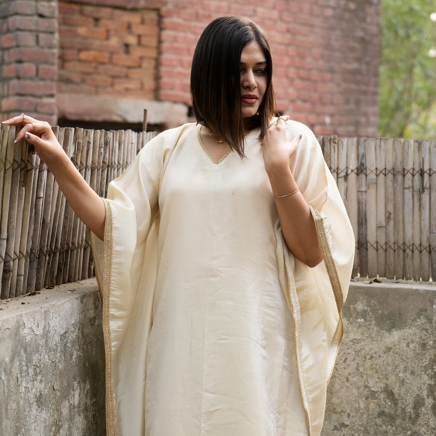 IVORY VISCOSE SILK KAFTAN AND GOLD PANTS