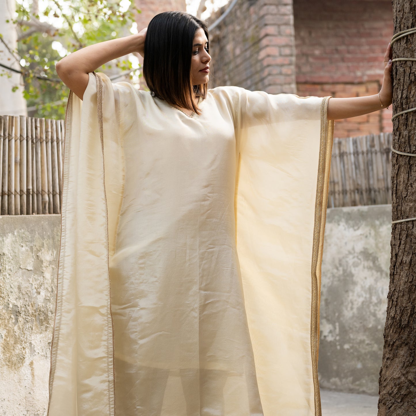 IVORY VISCOSE SILK KAFTAN AND GOLD PANTS