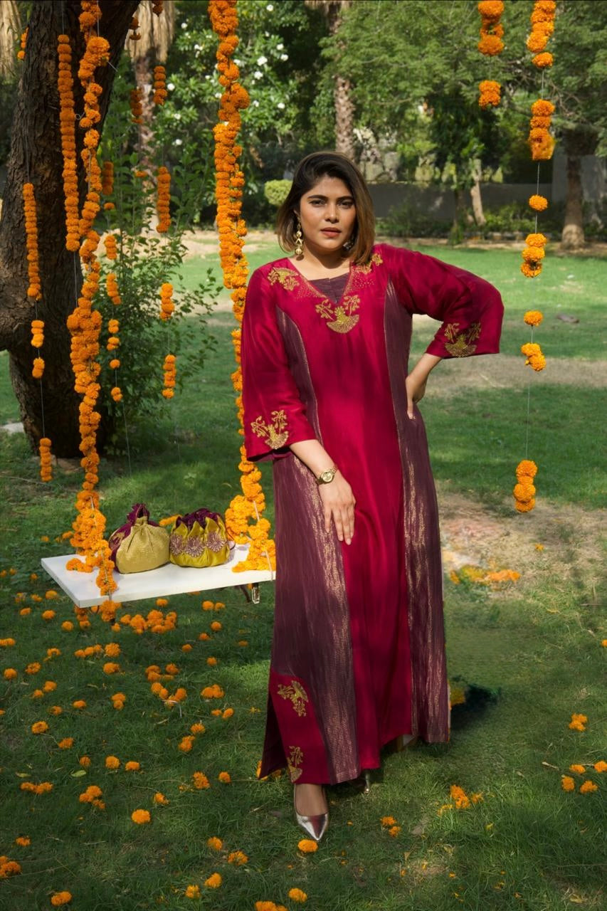 Mehar Hand-Embroidered Stripped Tissue Panelled Long Dress - Indian Summer