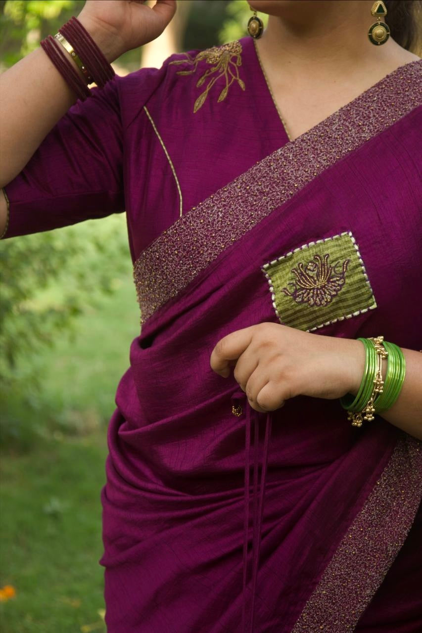 Neerja Silk blend Purple Saree - Chanderi - Draping Detail - Chidiyaa
