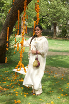 Vrinda Mehfil Stripped Tissue Kurta nand Pants with Overlay Kurta - Kurta Set - Chanderi - Full Outfit View - Chidiyaa