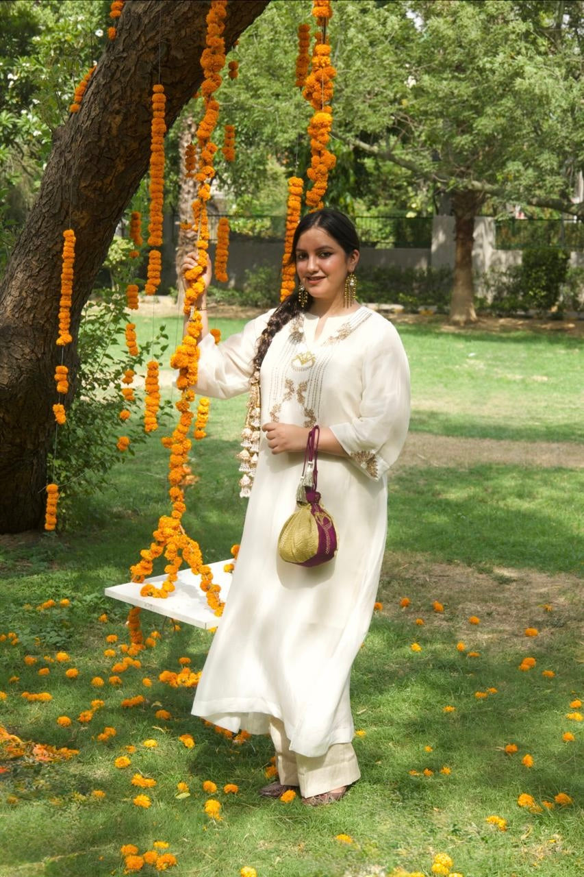 Vrinda Mehfil Stripped Tissue Kurta nand Pants with Overlay Kurta - Kurta Set - Chanderi - Full Outfit View - Chidiyaa