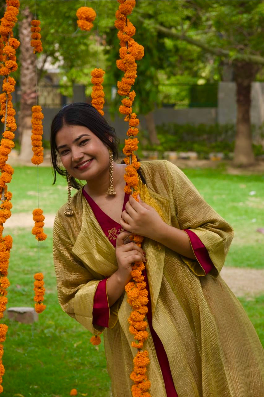Vasantika Hand-Embroidered Kurta, Pants and Jacket set - Chanderi - Styled with Accessories - Chidiyaa