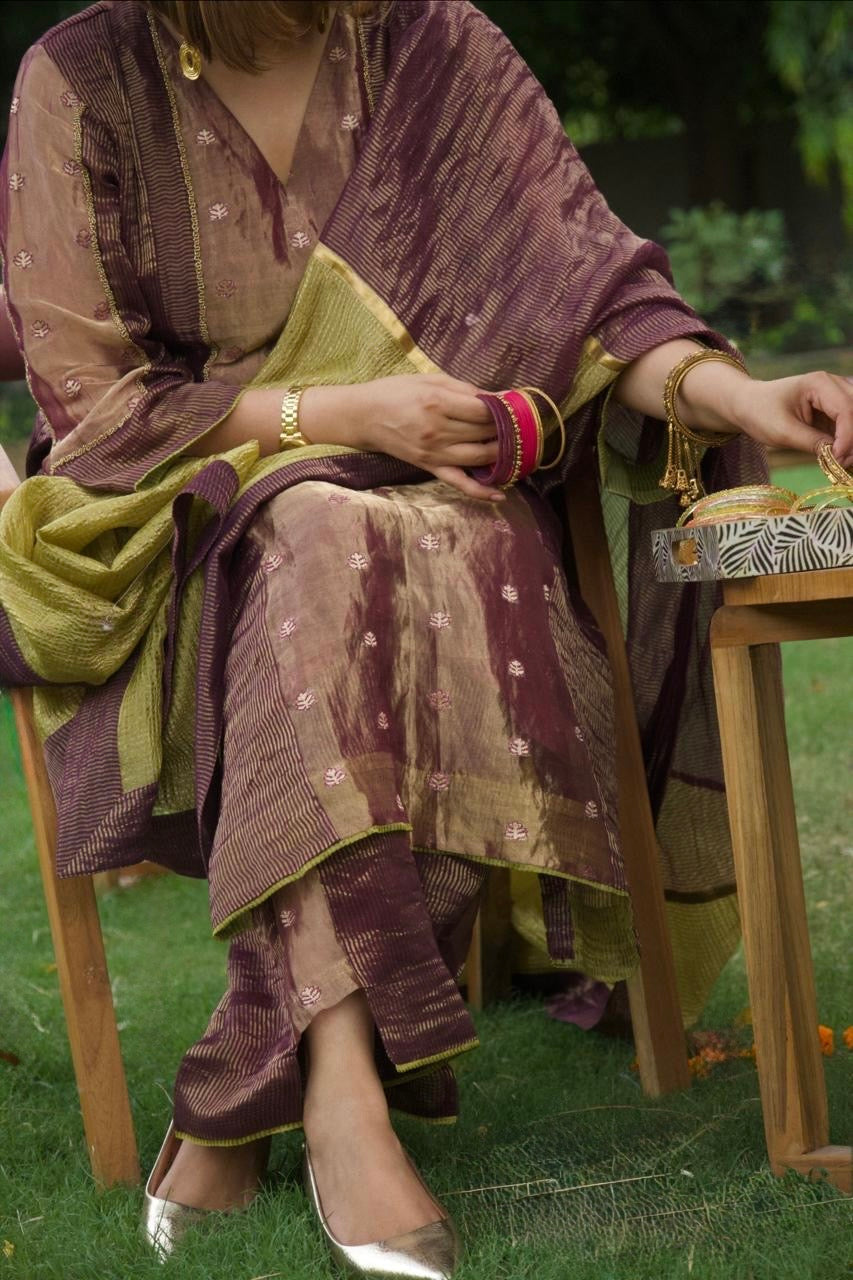 ANTARA Hand-Embroidered Pure Tissue Kurta, Pants and Dupatta Set - Indian Summer