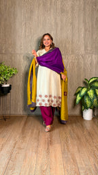 Mrigakshi Hand-Embroidered Kurta, Pants and Dupatta set - Kurta Set - Chanderi - Model Wearing - Chidiyaa