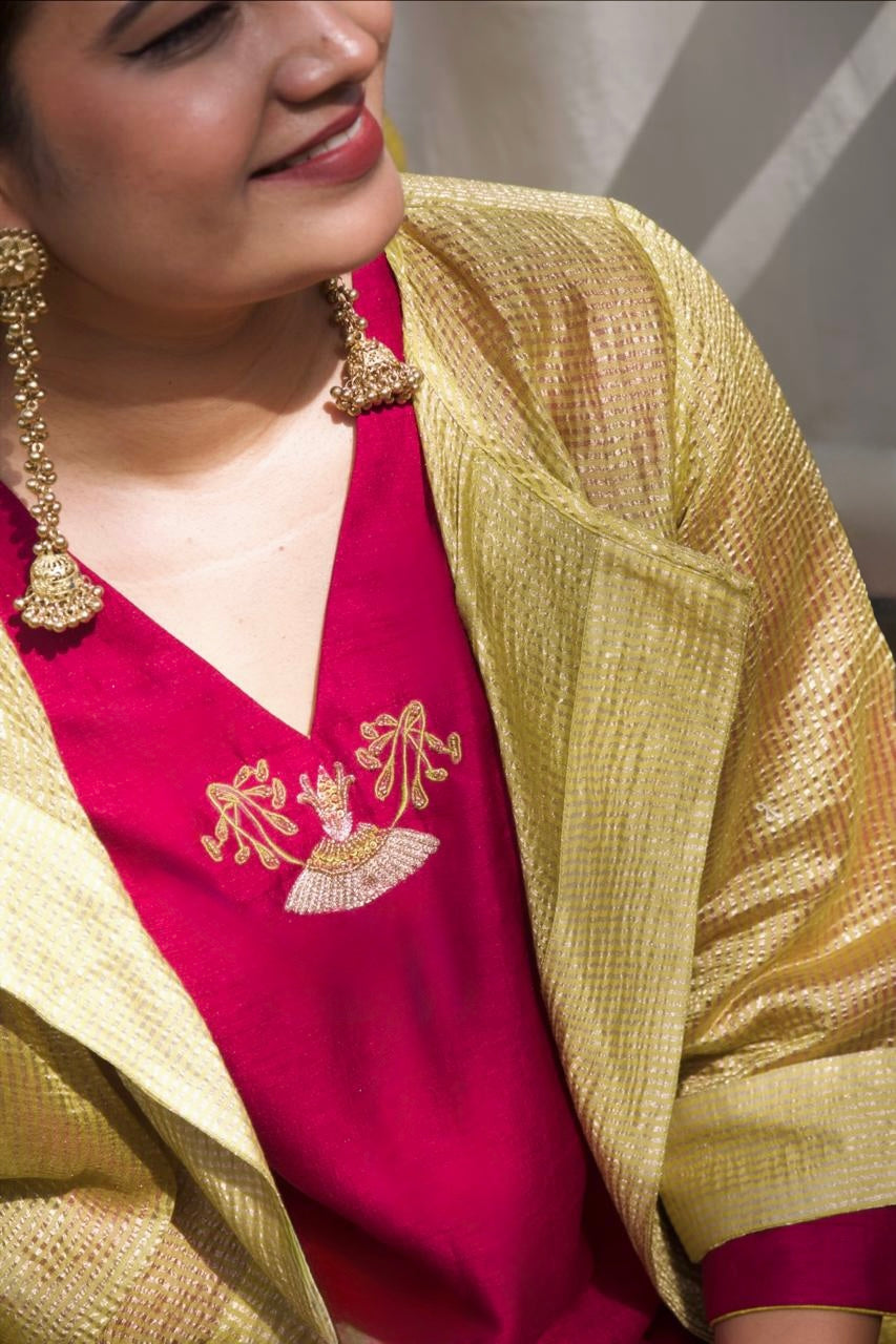 Vasantika Hand-Embroidered Kurta, Pants and Jacket set - Chanderi - Sleeve Detail - Chidiyaa