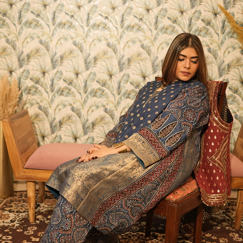 Neelambara Ajrakh Dola Silk Choga & Pants Set for Women