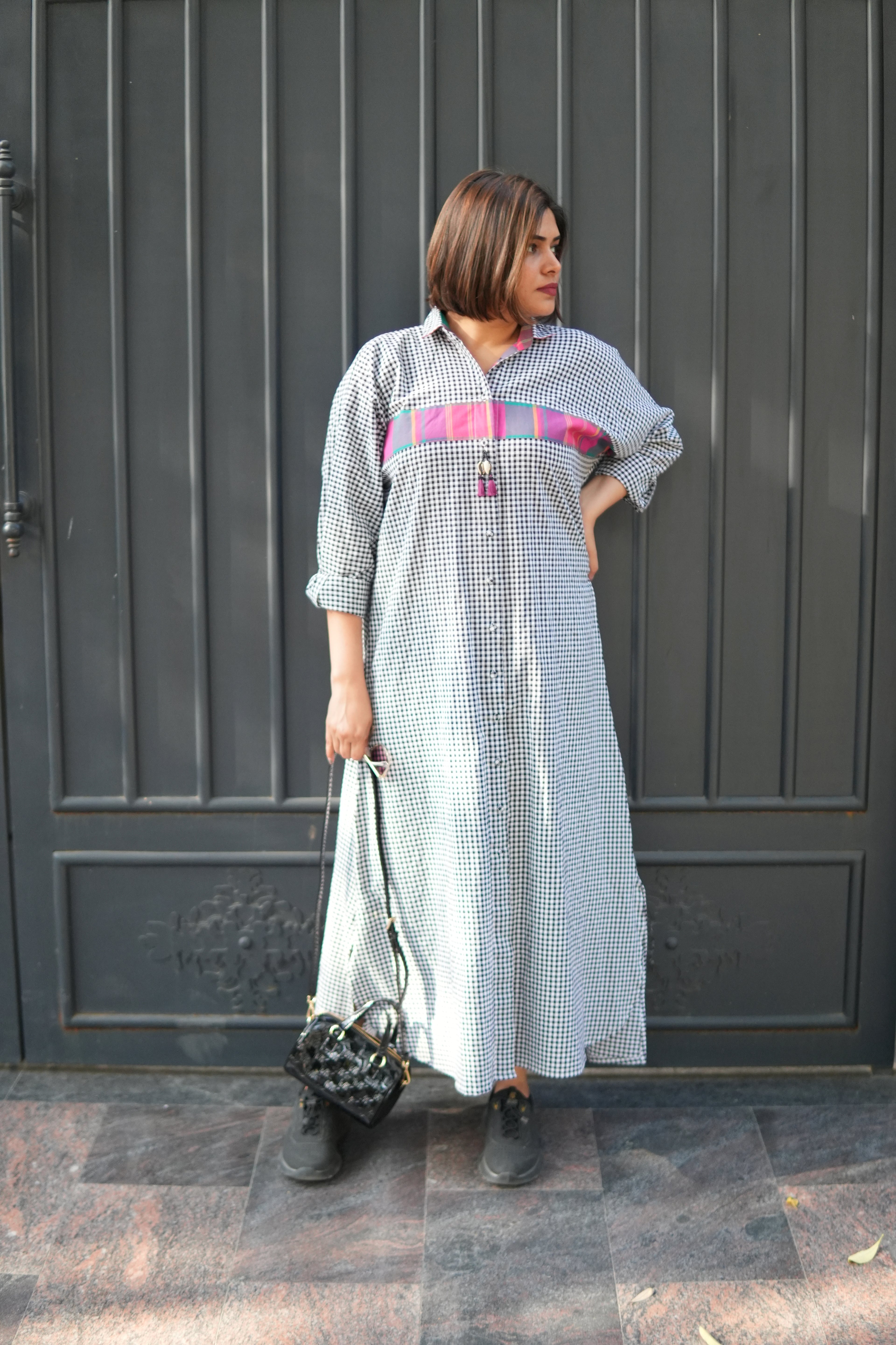 SUMMERINA CHECKERED COTTON LONG SHIRT DRESS