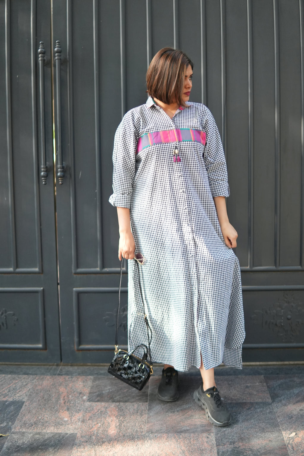 SUMMERINA CHECKERED COTTON LONG SHIRT DRESS