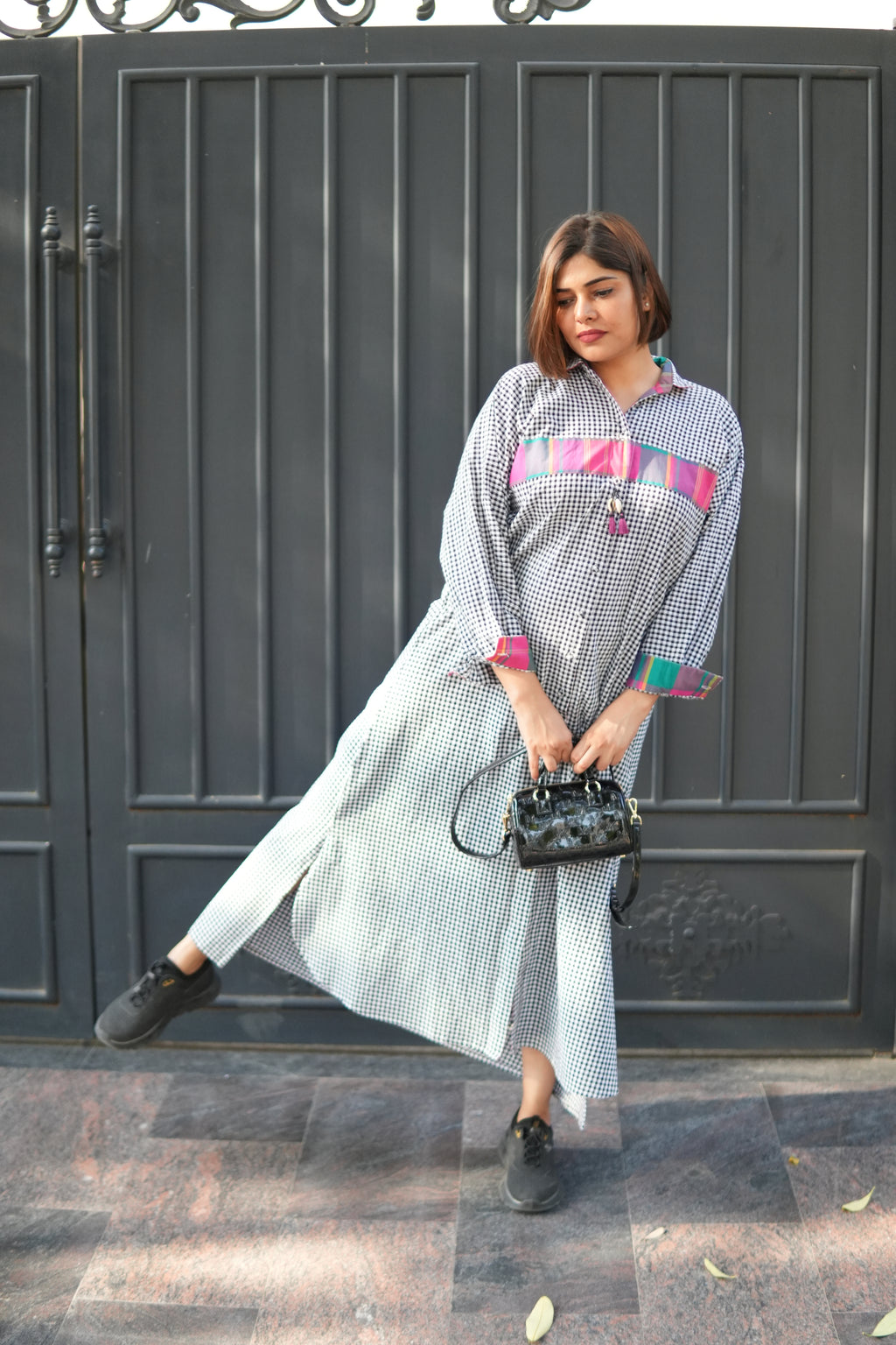 SUMMERINA CHECKERED COTTON LONG SHIRT DRESS