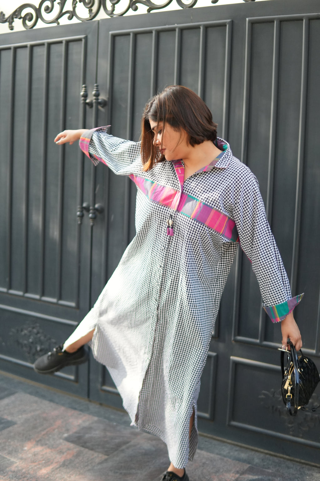 SUMMERINA CHECKERED COTTON LONG SHIRT DRESS