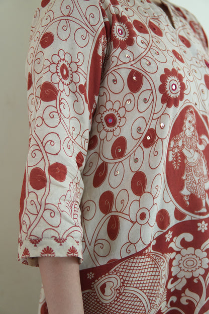 OCHRE AND IVORY KALAMKARI A-LINE KURTA AND PANTS