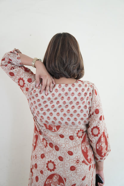 OCHRE AND IVORY KALAMKARI A-LINE KURTA AND PANTS
