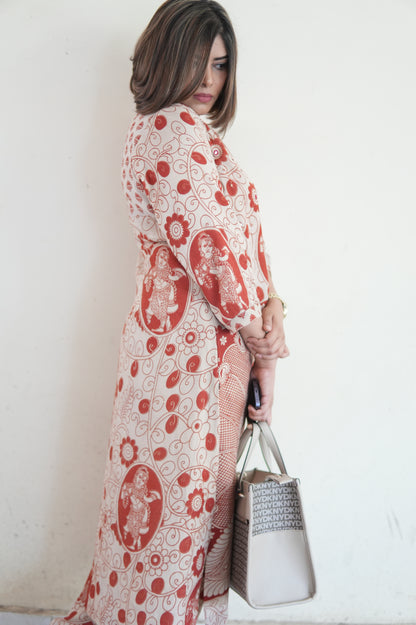 OCHRE AND IVORY KALAMKARI A-LINE KURTA AND PANTS