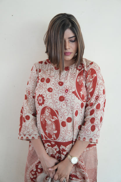 OCHRE AND IVORY KALAMKARI A-LINE KURTA AND PANTS