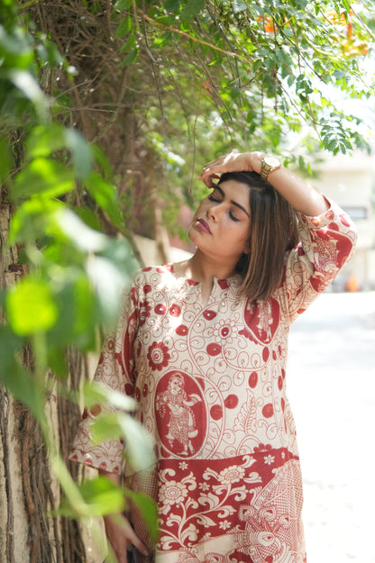 OCHRE AND IVORY KALAMKARI A-LINE KURTA AND PANTS
