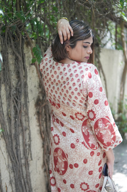 OCHRE AND IVORY KALAMKARI A-LINE KURTA AND PANTS
