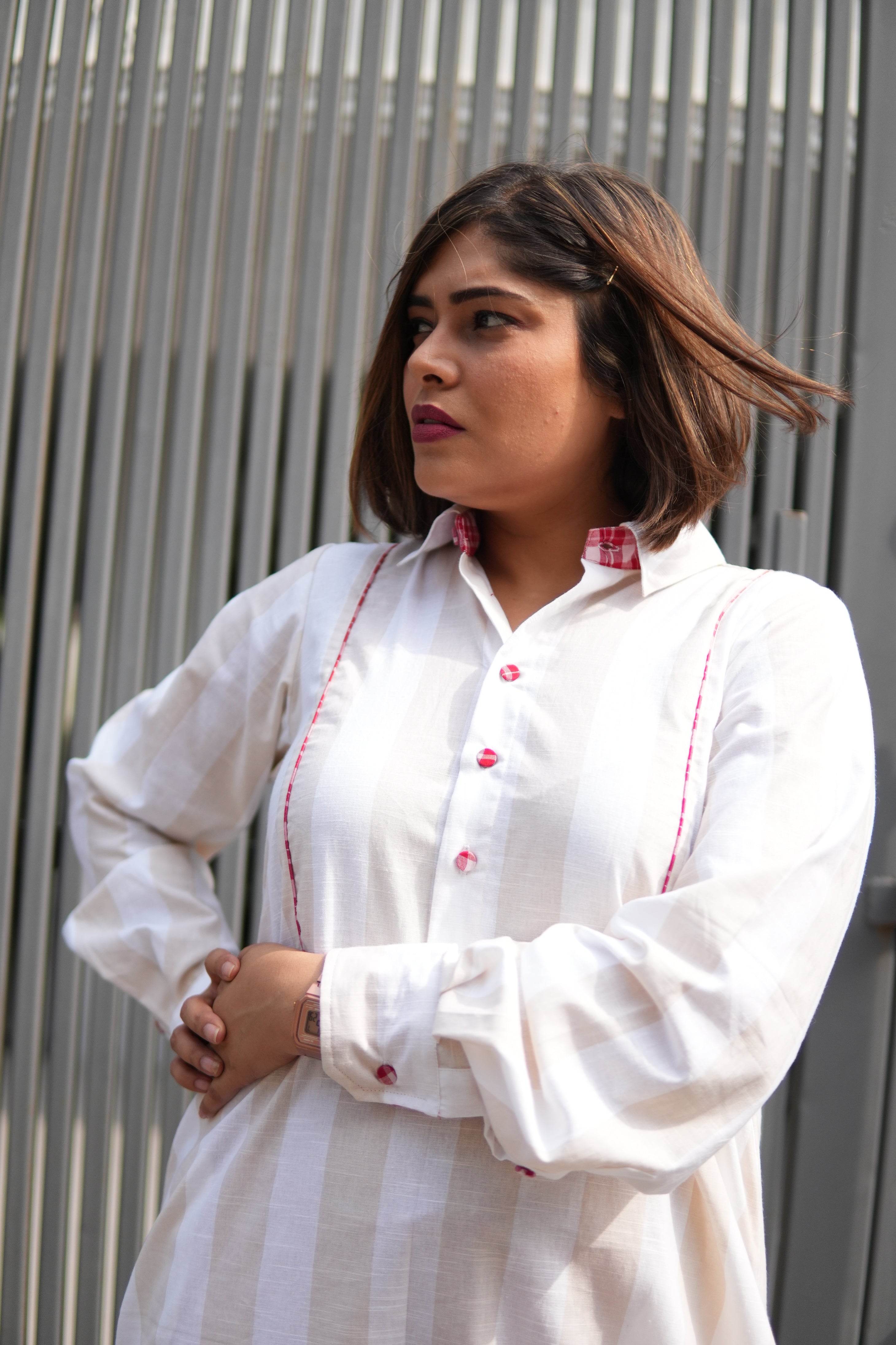 BAHAAR OFF-WHITE AND BEIGE SHIRT KURTA AND CHECKERED PANTS